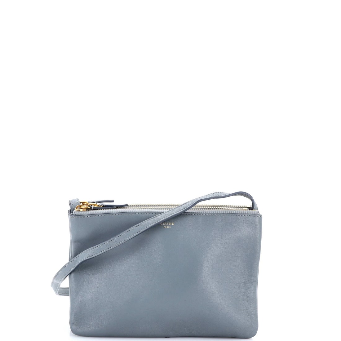 Small Leather Crossbody Bag Trio Celine: Small Leather Crossbody Bag Trio Celine Small Leather Crossbody Bag Trio Celine in Blue features a classic design with a 5" drop handle, 23" adjustable strap, and a compact 6" x 8.5" x 2" size. The
