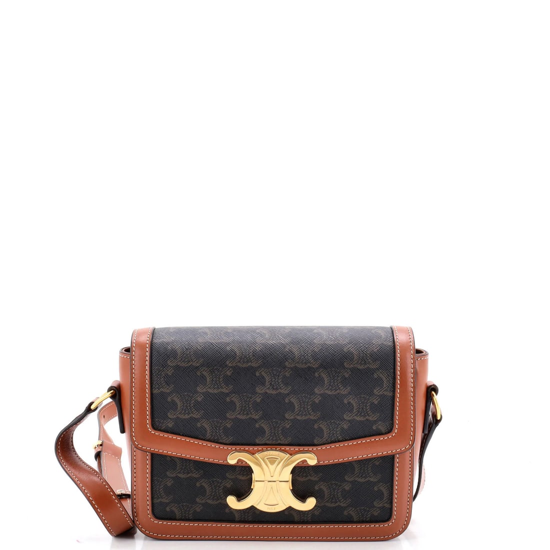 Shoulder bag coated canvas teen Celine Triomphe: Shoulder bag coated canvas teen Celine Triomphe Canvas Coated Celine Triomphe Shoulder Bag in Brown, featuring a classic design with minor cracking, creases, and scuffs on the exterior, and a