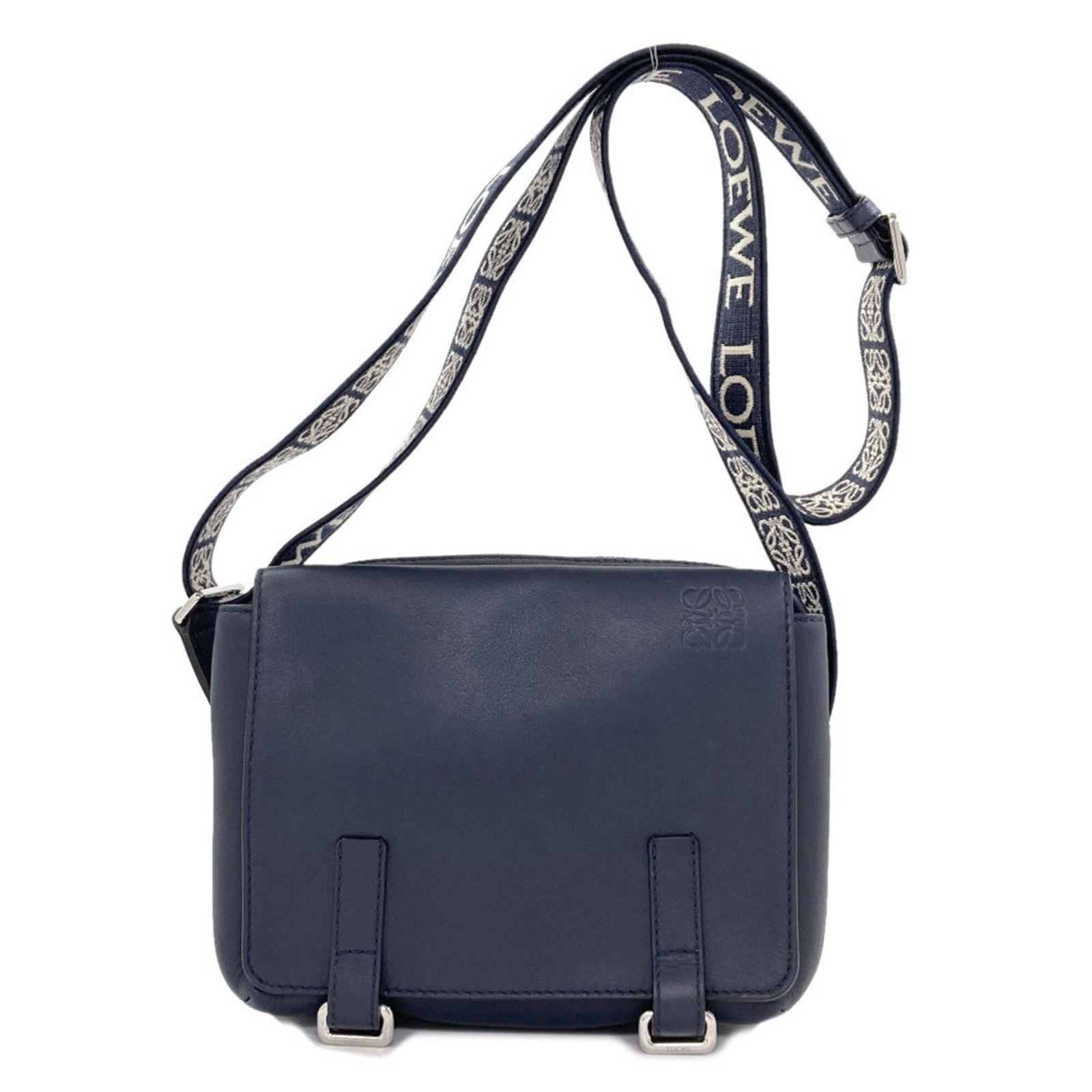 Messenger Bag Leather Bag Shoulder Loewe: Messenger Bag Leather Bag Shoulder Loewe Navy leather messenger bag with a classic design, featuring a sturdy zipper closure and adjustable strap length for a comfortable fit. Made from high-quality