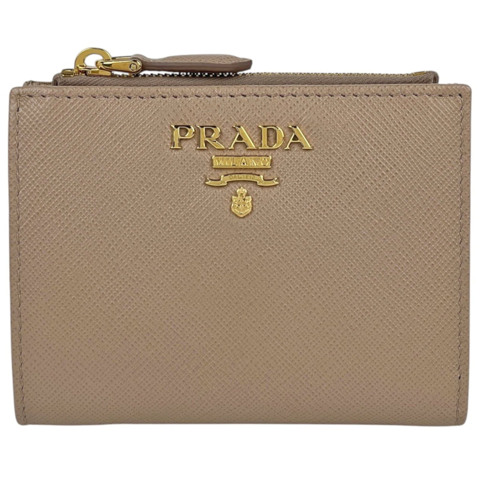 Saffiano Lux Bi Fold Wallet: Saffiano Lux Bi Fold Wallet Saffiano Lux Bi Fold Wallet in Beige features a sleek design with a durable Saffiano Lux material, providing long-lasting protection for your essentials. The wallet's compa