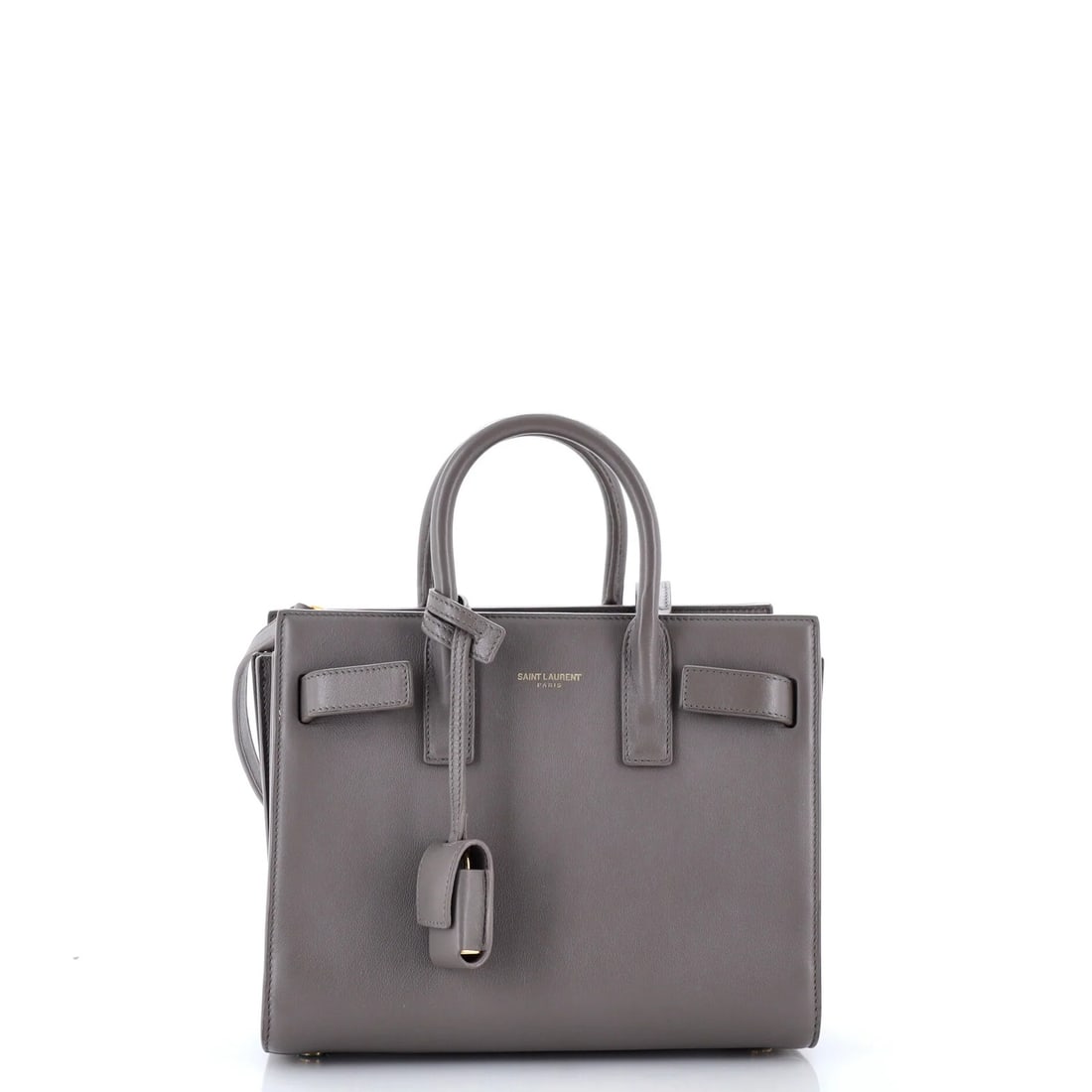 Saint Laurent Leather Nano Bag Sac de Jour: Saint Laurent Leather Nano Bag Sac de Jour Gray leather Sac de Jour bag with a Clochette lock and aged gold hardware, featuring a compact nano size with a 23" strap drop. The bag's exterior shows