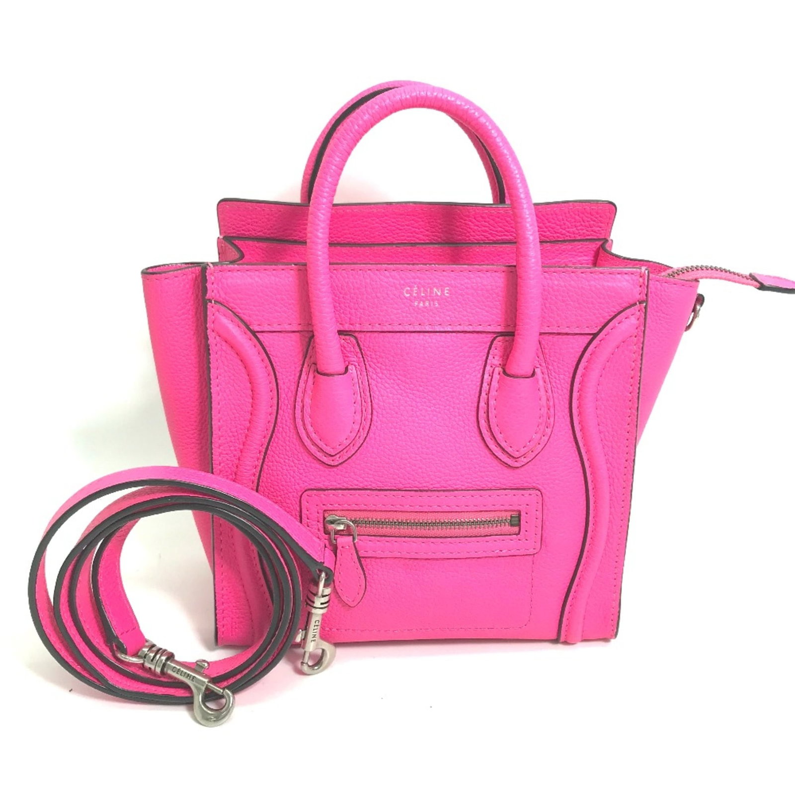 Celine Handbag Leather: Celine Handbag Leather Pink Celine Handbag with Classic Design. Made from high-quality leather, this 189243 model features a timeless design with a 46.7 inch long shoulder strap. Measuring 19.5cm x