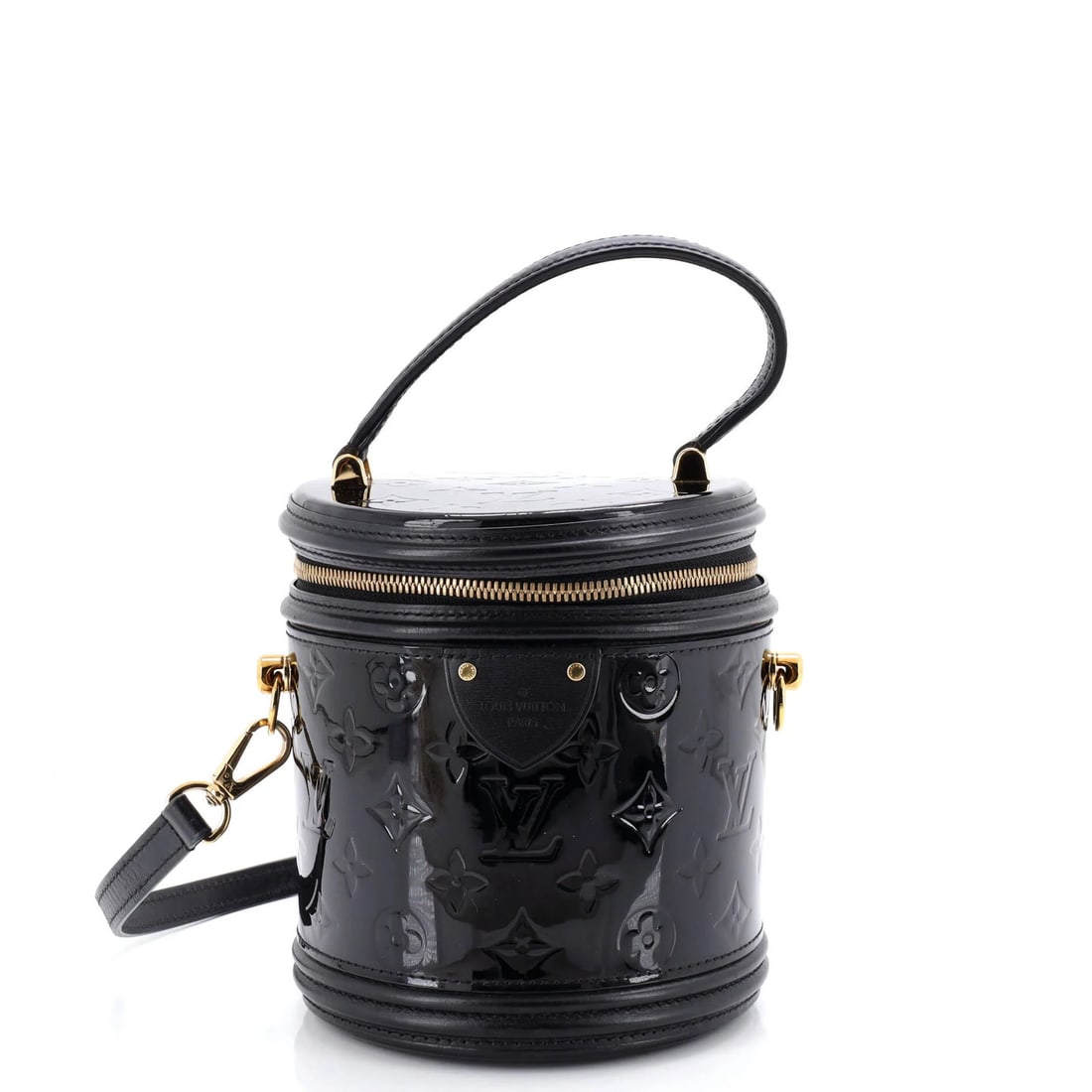 Louis Vuitton Vernis Monogram Cannes Handbag: Louis Vuitton Vernis Monogram Cannes Handbag Patent leather exterior in black, the Louis Vuitton Vernis Monogram Cannes Handbag features a classic cross body design with a gold-toned lock and keys.