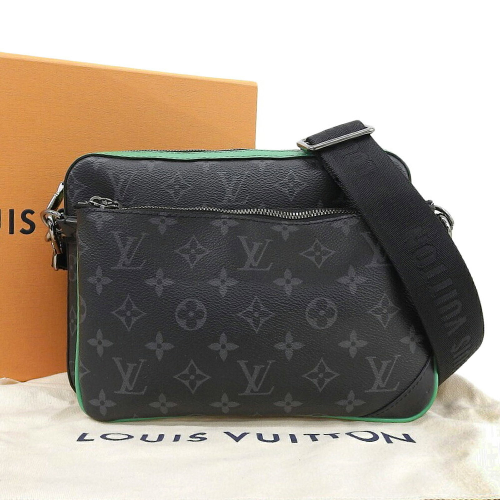 Louis Vuitton PVC Shoulder Bag: Louis Vuitton PVC Shoulder Bag The Louis Vuitton PVC Shoulder Bag boasts a striking green Monogram Eclipse design, adding a touch of modern elegance to any outfit. Made from high-quality PVC