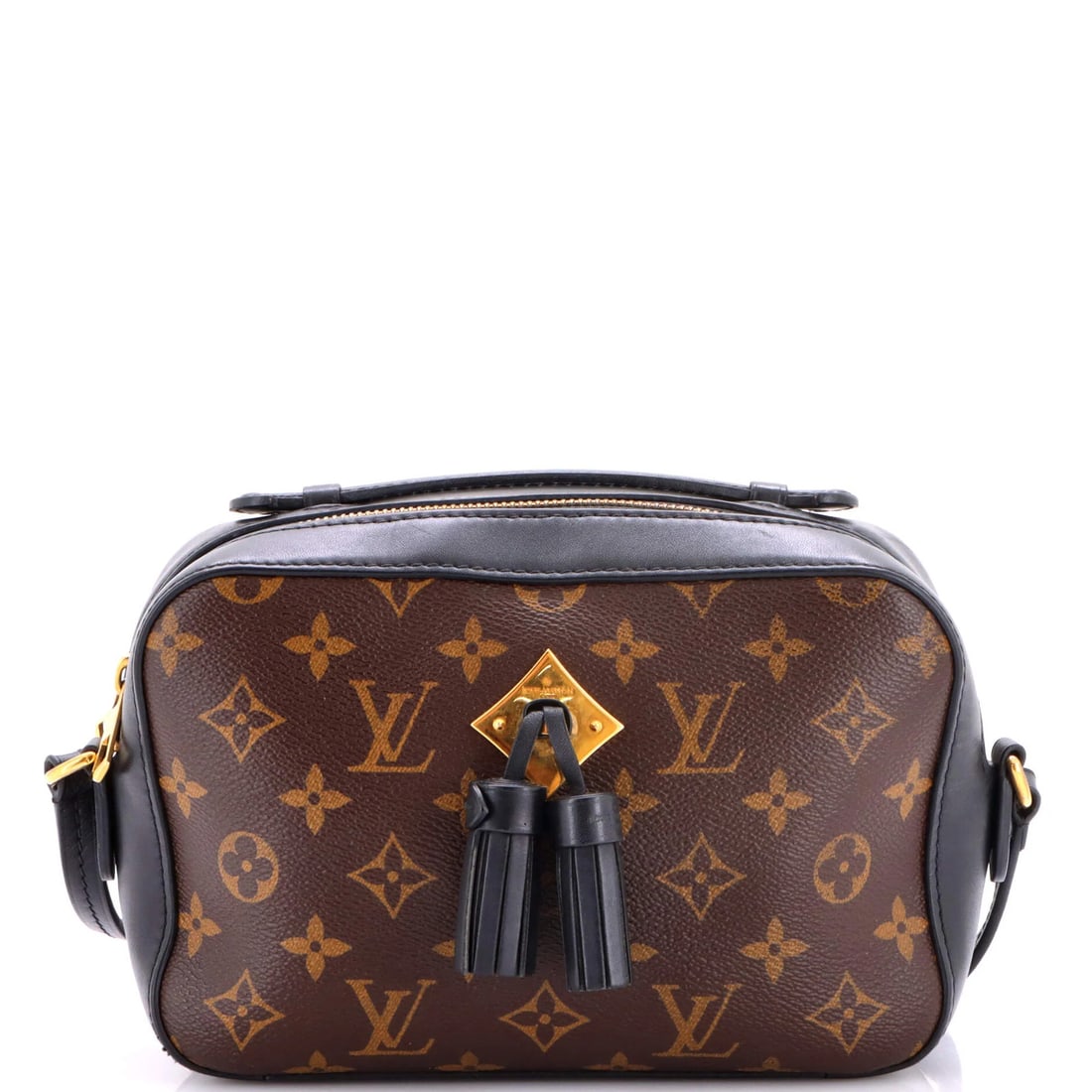 Monogram Canvas Leather Louis Vuitton Saintonge Handbag: Monogram Canvas Leather Louis Vuitton Saintonge Handbag Monogram Canvas Leather Louis Vuitton Saintonge Handbag features a classic cross body design with a black exterior and gold hardware. The