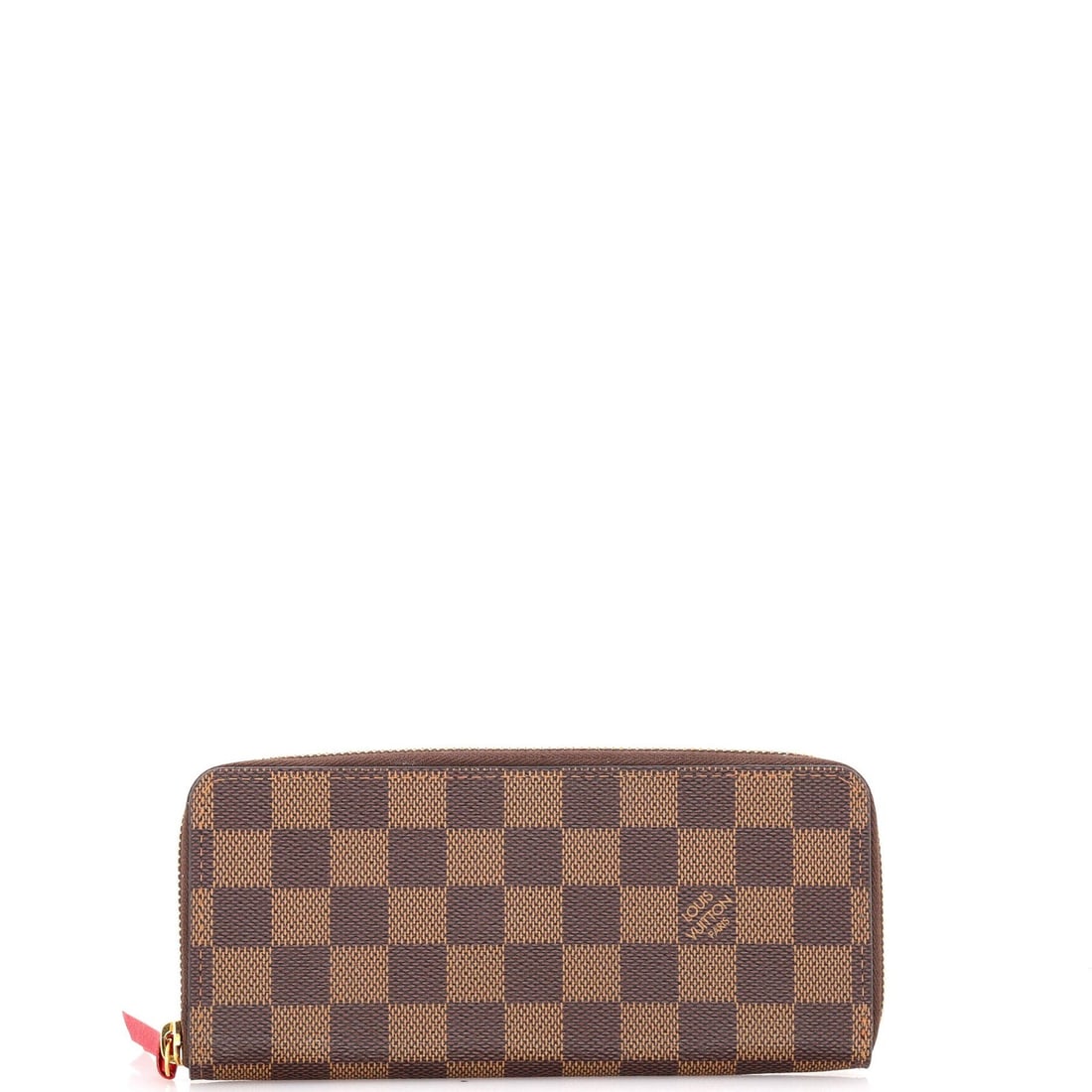 Vuitton Louis Clemence Damier Wallet: Vuitton Louis Clemence Damier Wallet Brown canvas coated Louis Vuitton Clemence Damier wallet with gold hardware, featuring a red leather interior and minor scuffs and creasing on the exterior. The