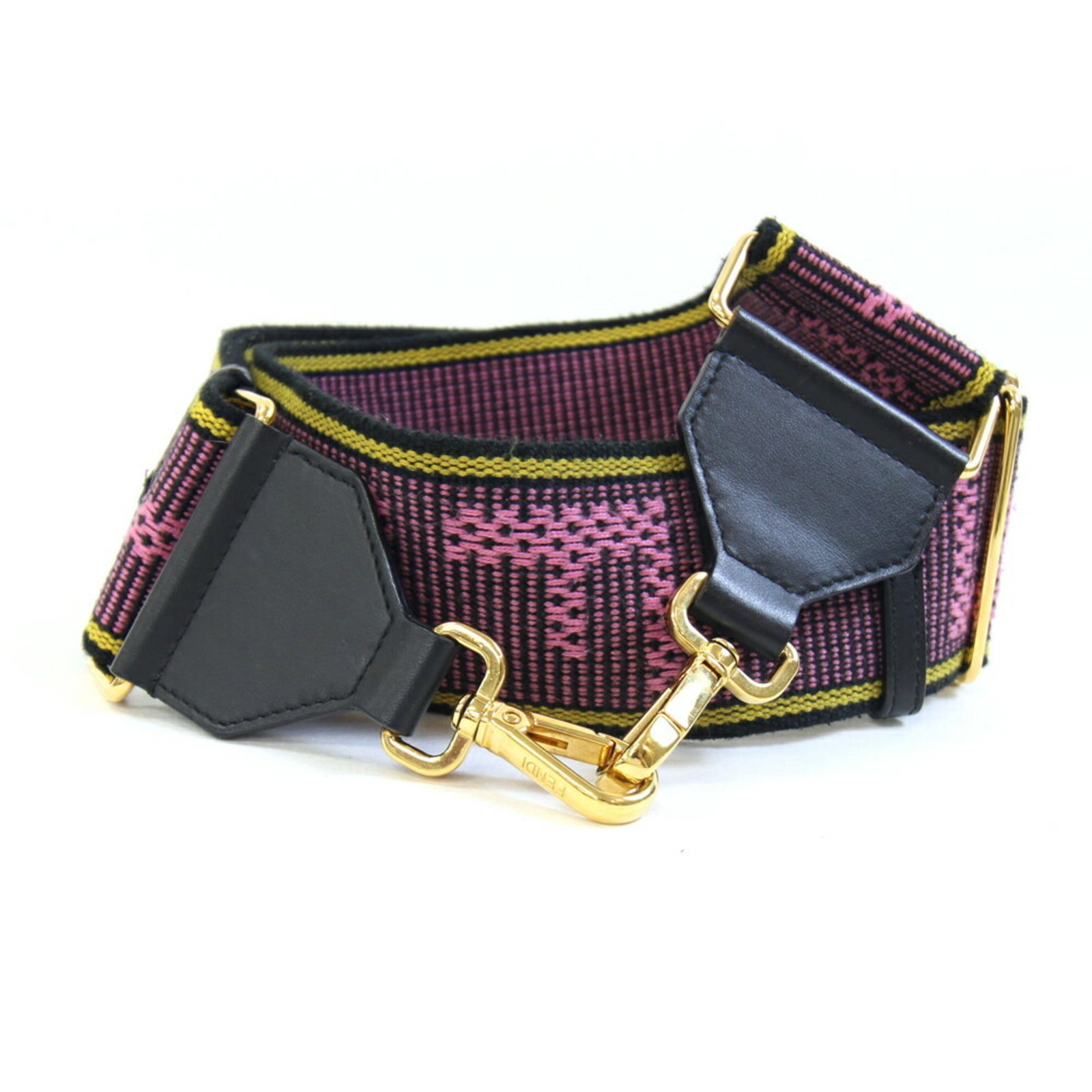 Canvas Strap Leather Fendi: Canvas Strap Leather Fendi Canvas Strap Leather Fendi is a unique accessory featuring a canvas strap and leather details, available in black, gold, pink, and yellow colors. The item comes with a dust 