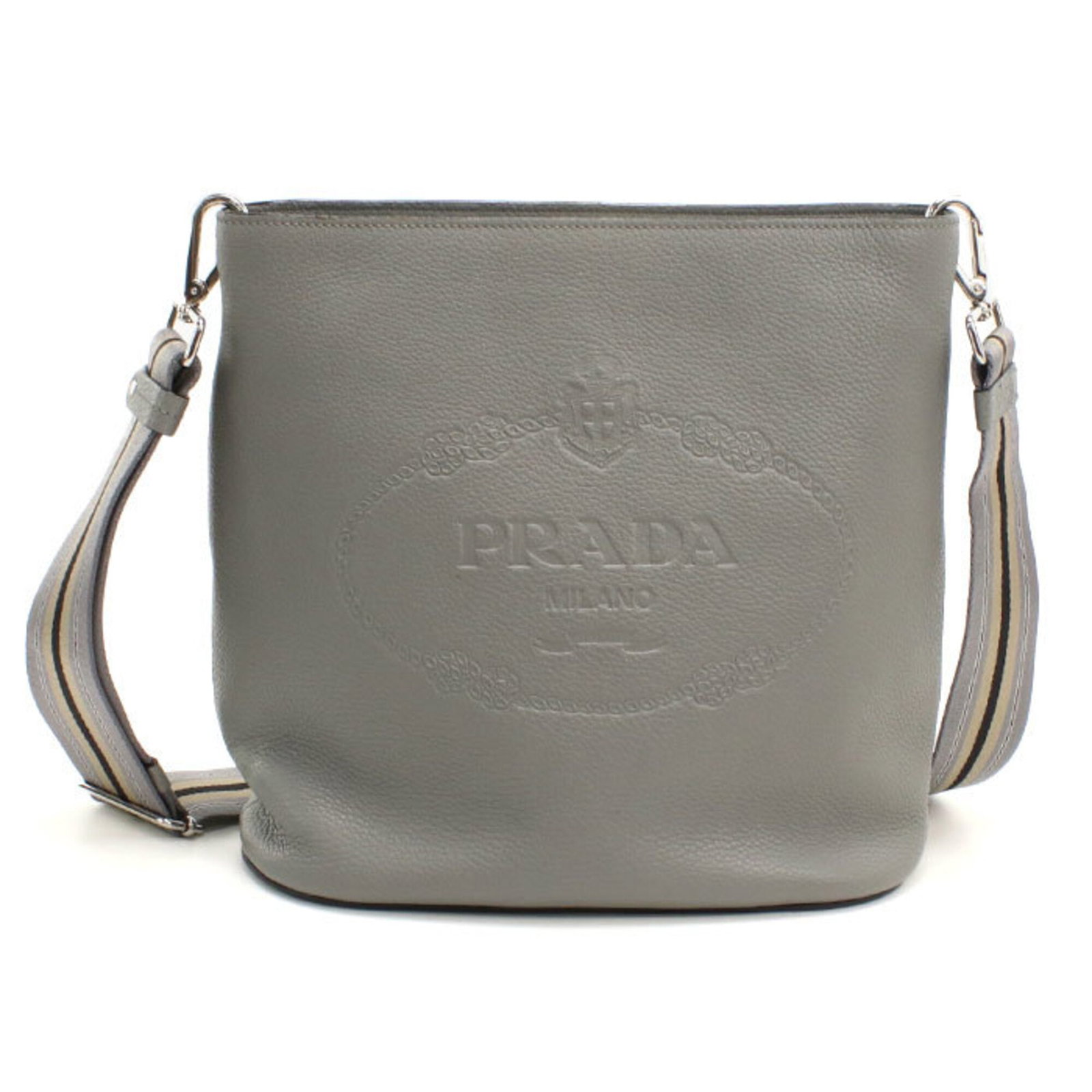 Shoulder Bag Leather Prada: Shoulder Bag Leather Prada This Prada shoulder bag is crafted from high-quality leather, featuring a sleek gray color and silver hardware. With its compact size and stylish design, it makes a