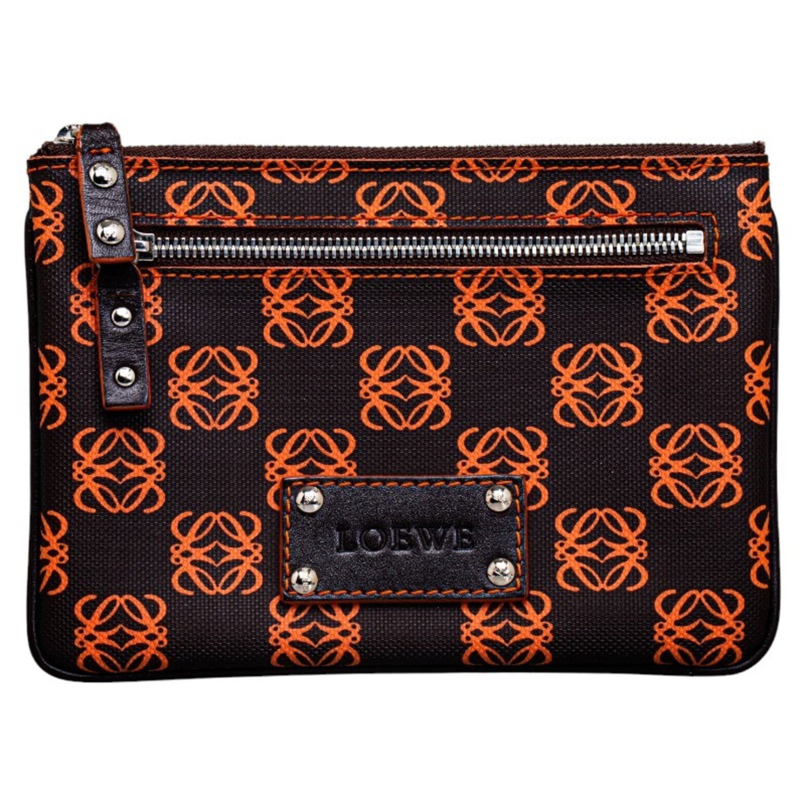 Pouch Pvc Leather Loewe: Pouch Pvc Leather Loewe Pouch made from PVC and leather, available in black and orange, with a size of 11.5cm x 16.5cm x 1cm. This pouch comes in a box and bears a signature. It is a Loewe pouch. Item