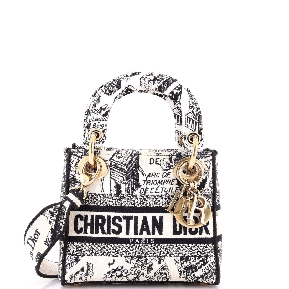 Dior Lady D-Lite Canvas Embroidered Mini Bag: Dior Lady D-Lite Canvas Embroidered Mini Bag White canvas mini bag with embroidered details, featuring a top handle and measuring 6" in height, 7" in width, and 3" in depth. The bag bears a signature