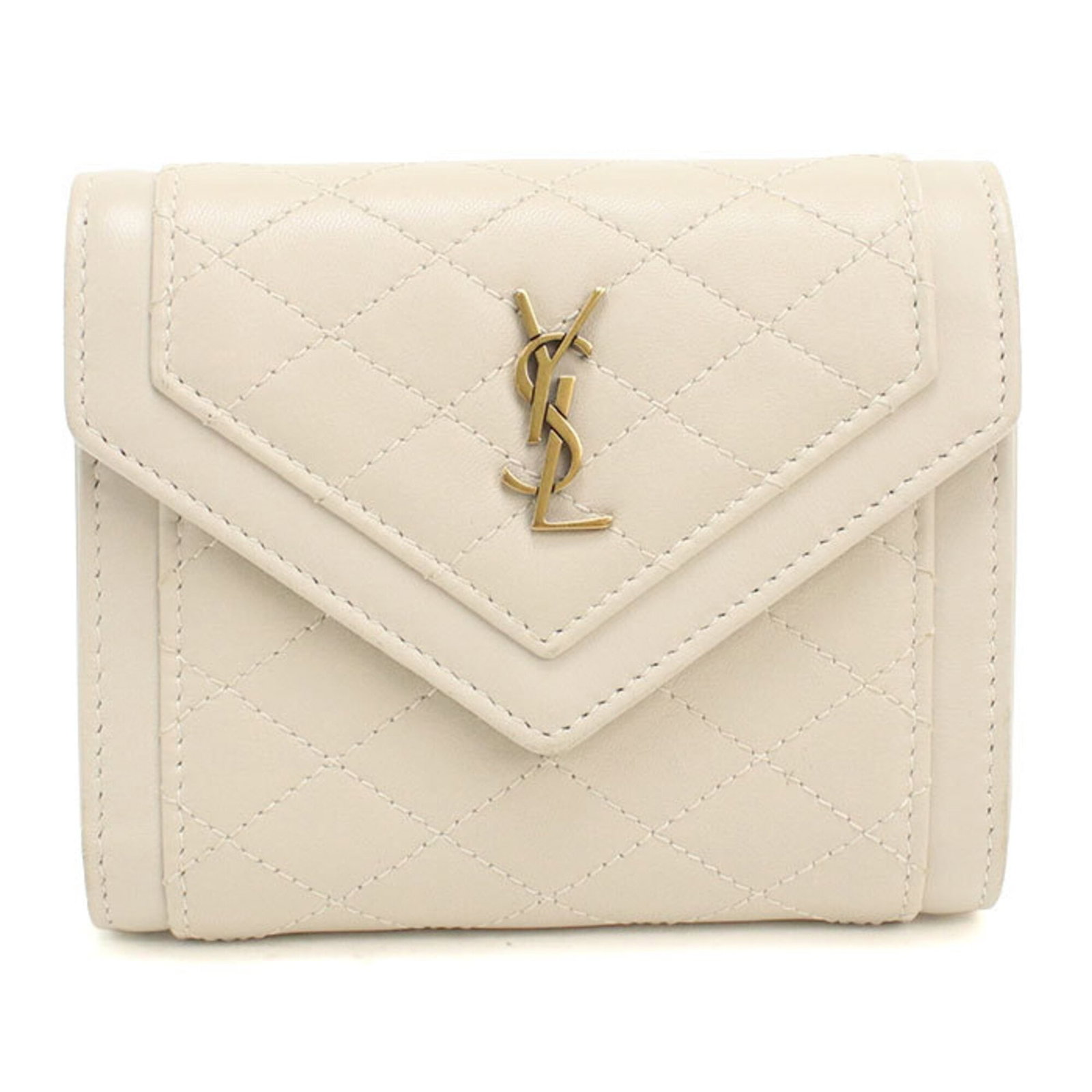 Saint Laurent Wallet (Tri-Fold) Leather: Saint Laurent Wallet (Tri-Fold) Leather Tri-fold leather wallet from Saint Laurent, crafted from high-quality calfskin in an elegant ivory color. Measuring 10cm x 12cm x 2.5cm, this stylish accessory