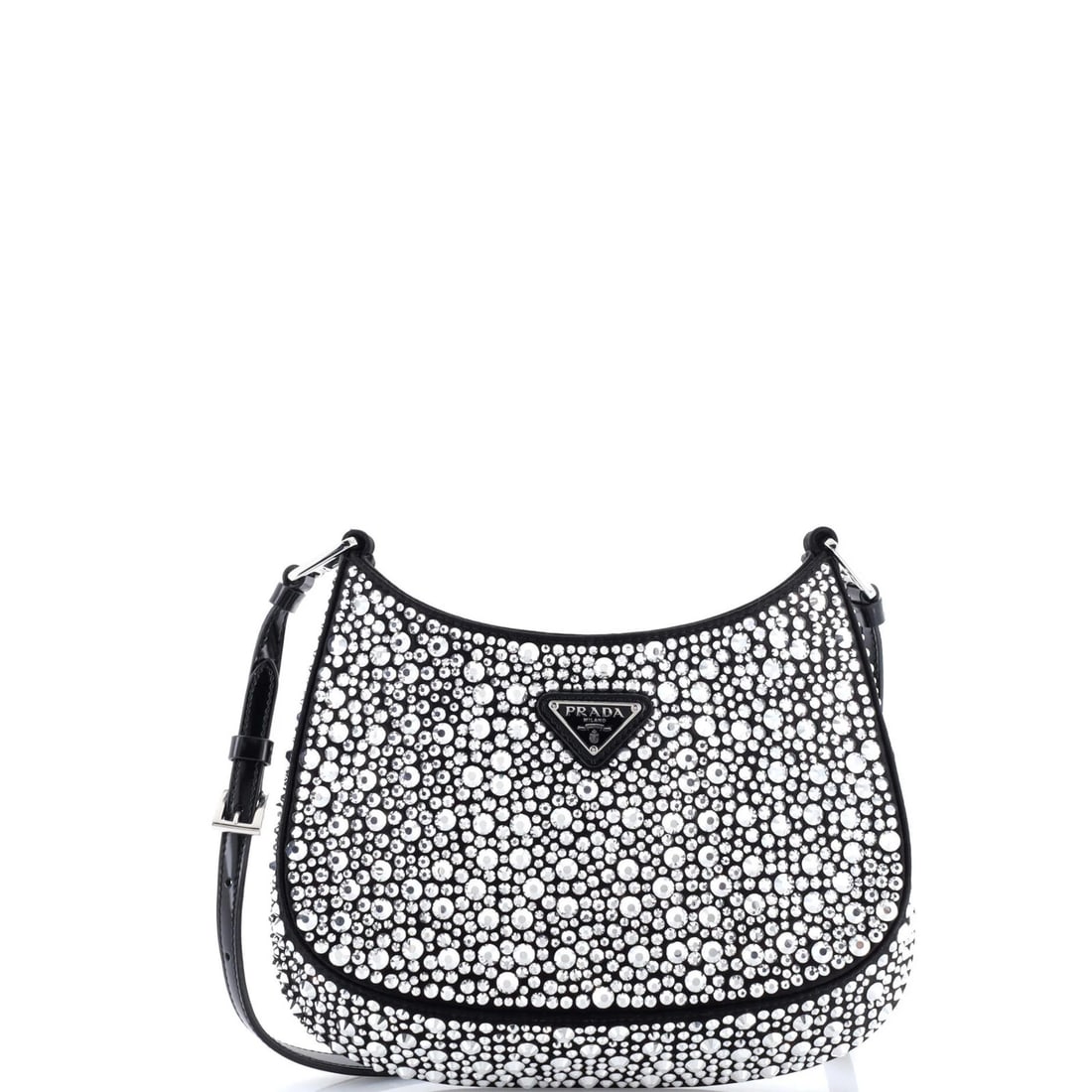 Prada Cleo Shoulder Bag Crystal Embellished Satin Small: Prada Cleo Shoulder Bag Crystal Embellished Satin Small Crystal Embellished Satin Small is a stunning cross body bag from Prada's Cleo collection, featuring a striking black exterior adorned with crys