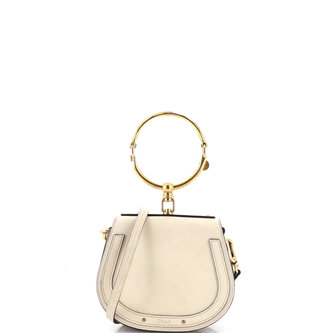 Leather Small Nile Crossbody Bag Chloe: Leather Small Nile Crossbody Bag Chloe Small neutral-colored leather crossbody bag with suede interior, featuring a 20-23" adjustable strap and measuring 4" drop. The bag bears a signature and has a