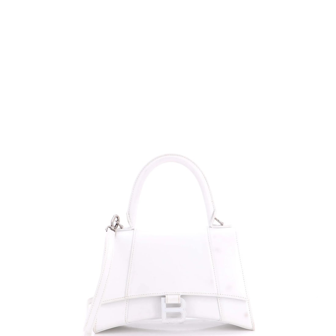 Small Leather Top Handle Bag Hourglass: Small Leather Top Handle Bag Hourglass Small Leather Top Handle Bag Hourglass features a sleek white exterior with a classic top handle design. The bag measures 5.5" tall, 9" wide, and 4" deep, with