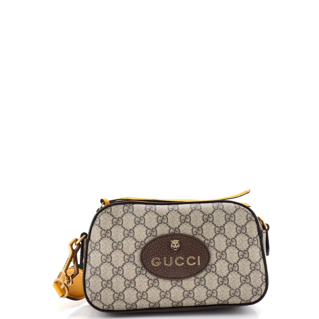 Coated Canvas GG Gucci Messenger Bag Vintage Neo Camera: Coated Canvas GG Gucci Messenger Bag Vintage Neo Camera Brown canvas coated GG Gucci Neo Vintage Camera Messenger Bag with neutral interior and aged gold hardware, featuring minor scuffs and edge wear