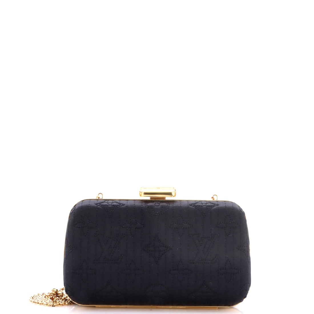 Louis Vuitton Motard Minaudiere Monogram Satin: Louis Vuitton Motard Minaudiere Monogram Satin Black Satin Louis Vuitton Motard Minaudiere Monogram Clutch with Gold Hardware and Leather Interior, featuring a striking monogram pattern and sleek desi