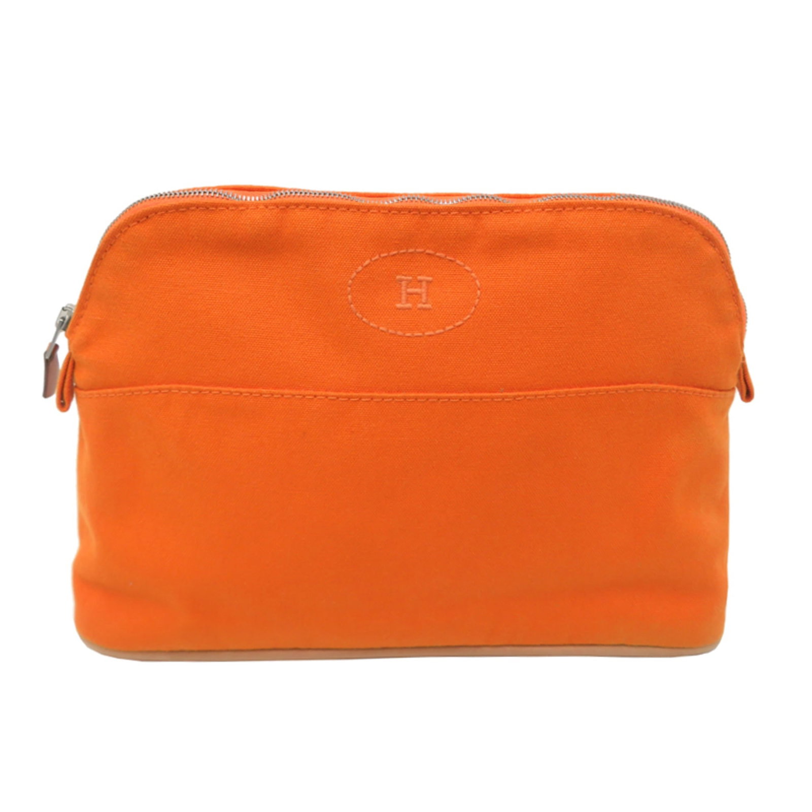 Cotton Canvas Pouch Leather Hermes: Cotton Canvas Pouch Leather Hermes Cotton canvas pouch with a striking orange color, this unique accessory features a high-quality leather finish. Made from a combination of cotton, canvas, and