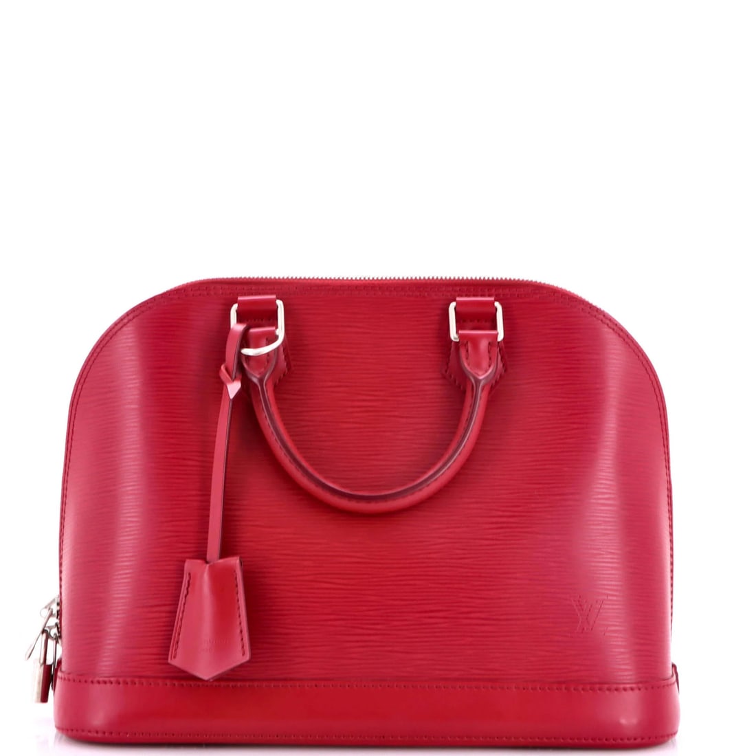 Vuitton Louis Alma Leather Epi Handbag: Vuitton Louis Alma Leather Epi Handbag Pink Louis Vuitton Alma Leather Epi Handbag with silver hardware and interior microfiber lining, featuring a top handle and 18-23" strap drop. The exterior