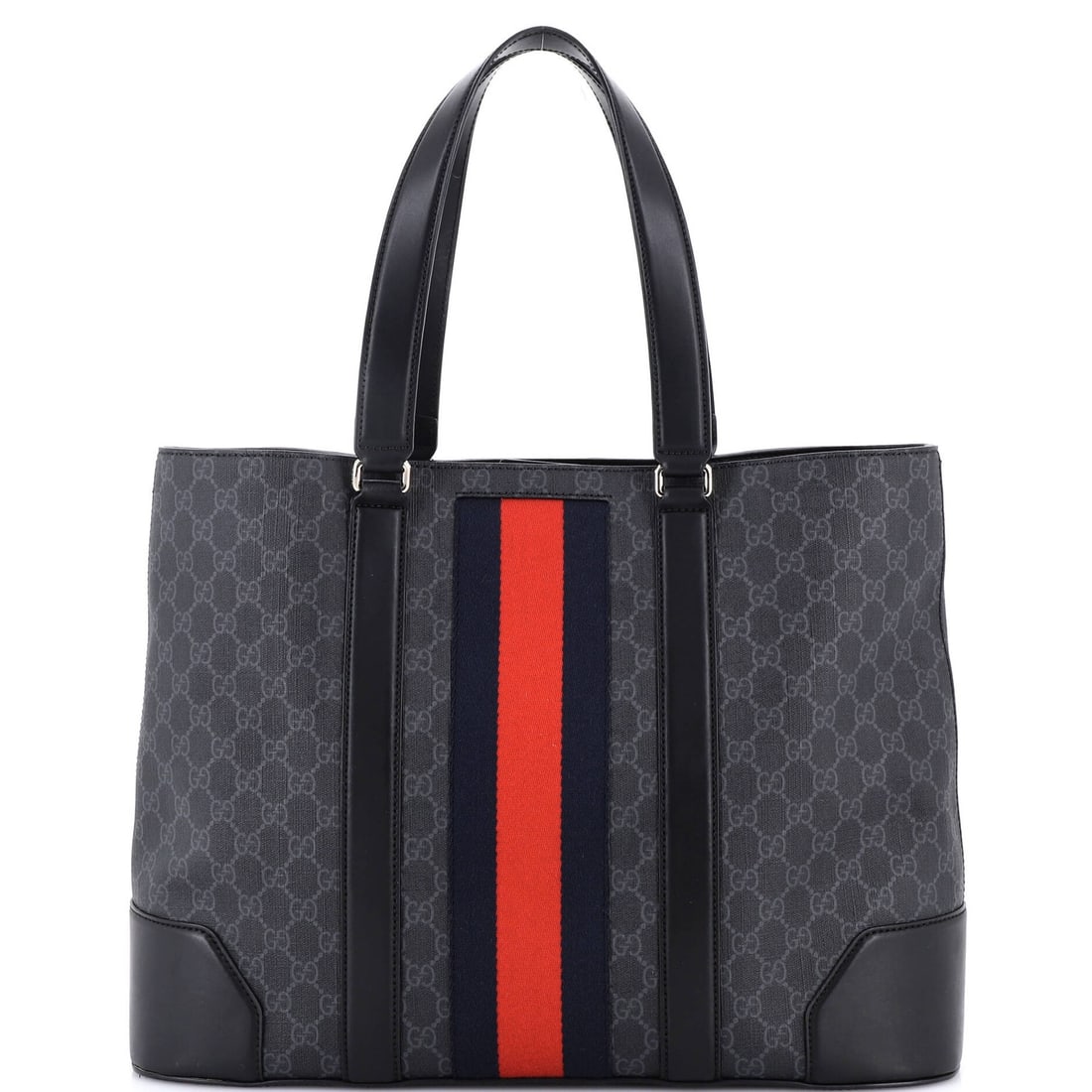 Coated Canvas Large Open Web Tote Gucci GG: Coated Canvas Large Open Web Tote Gucci GG Canvas Coated Large Web Tote Gucci GG in Black. This spacious tote features a sturdy canvas exterior with a distinctive web open design, measuring 13" high a