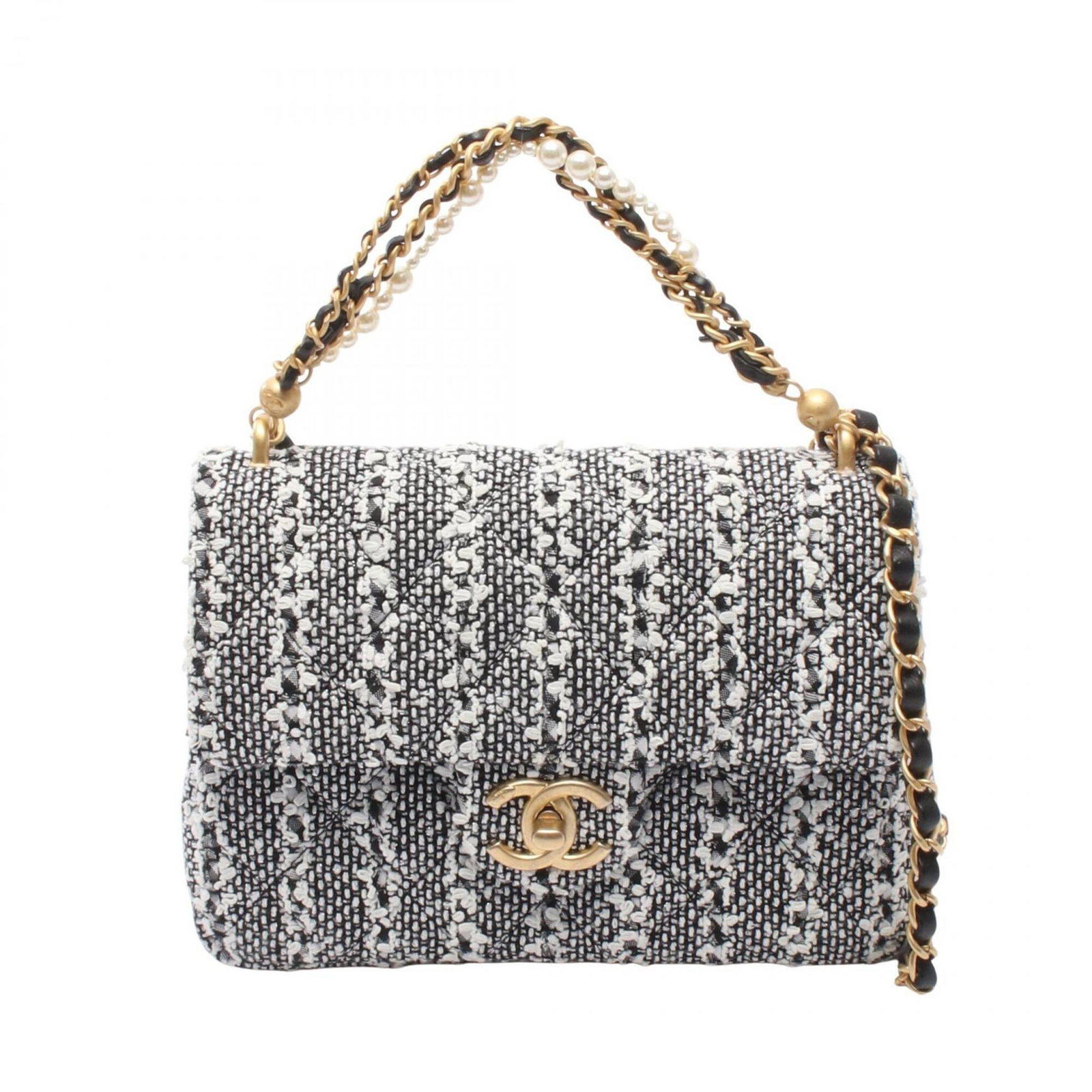 Shoulder Bag Handbag Fabric Leather Chanel: Shoulder Bag Handbag Fabric Leather Chanel This Chanel MPN AS4384 Shoulder Bag features a striking black and white design, with gold hardware adding a touch of elegance. Made from a combination of fab