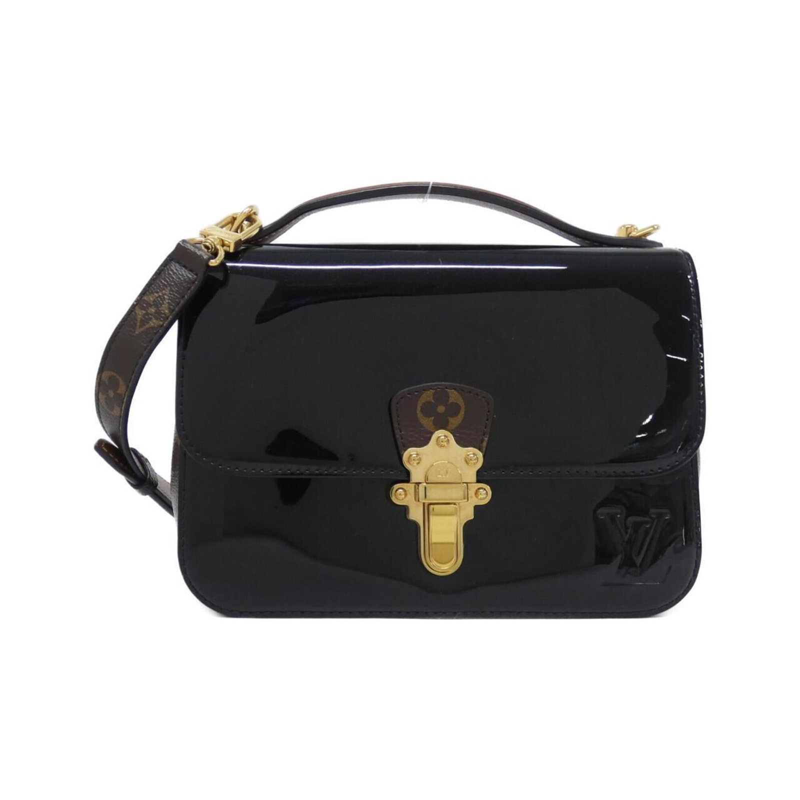 Coated Canvas Leather Louis Vuitton Shoulder Bag: Coated Canvas Leather Louis Vuitton Shoulder Bag Coated canvas and leather make up this sleek Louis Vuitton shoulder bag, featuring a striking black enamel leather finish. The gold hardware adds a