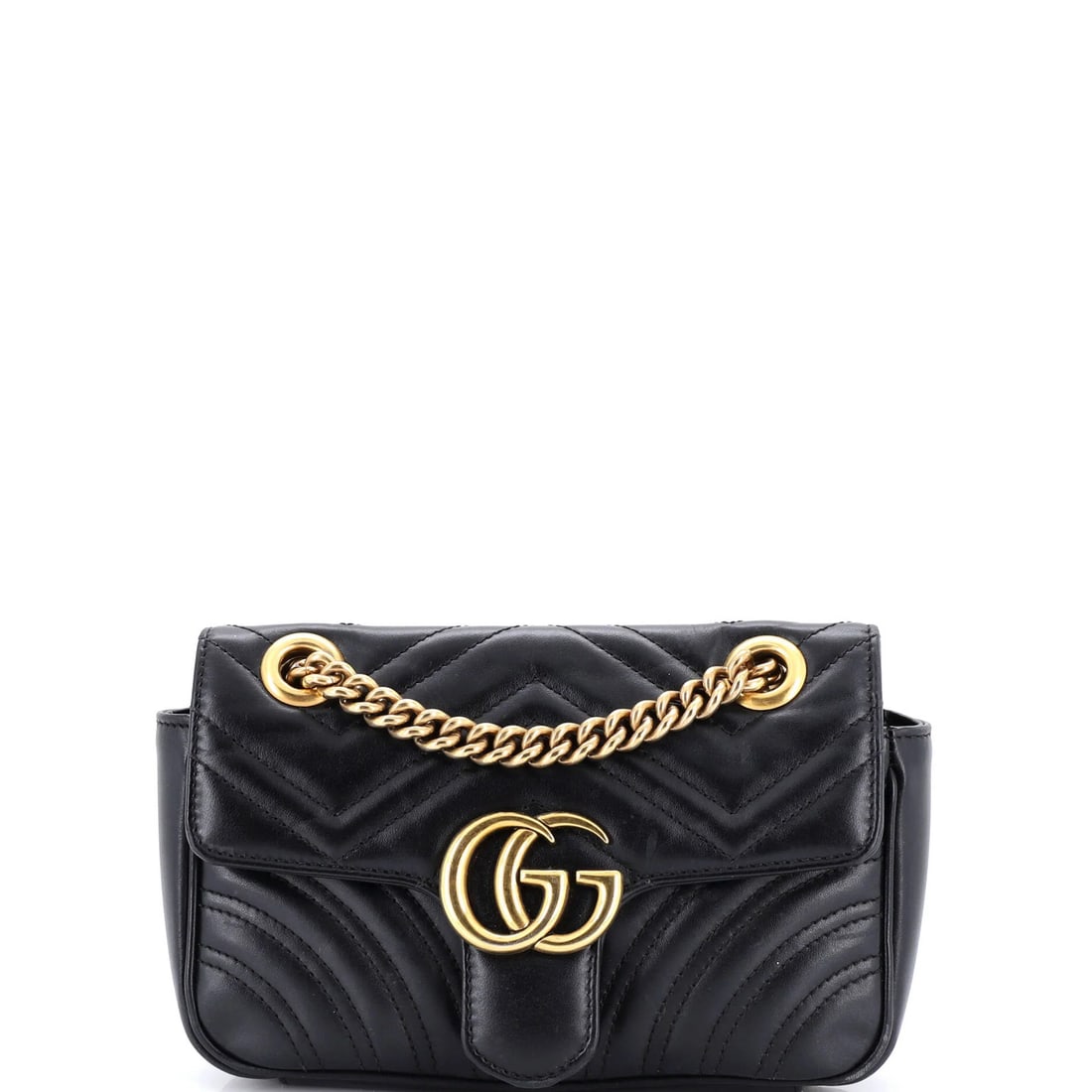 Small Gucci Flap Leather Matelasse Bag Marmont GG: Small Gucci Flap Leather Matelasse Bag Marmont GG Small Gucci Flap Leather Matelasse Bag Marmont GG in black exterior with neutral interior, featuring aged gold hardware and a classic GG Marmont desig