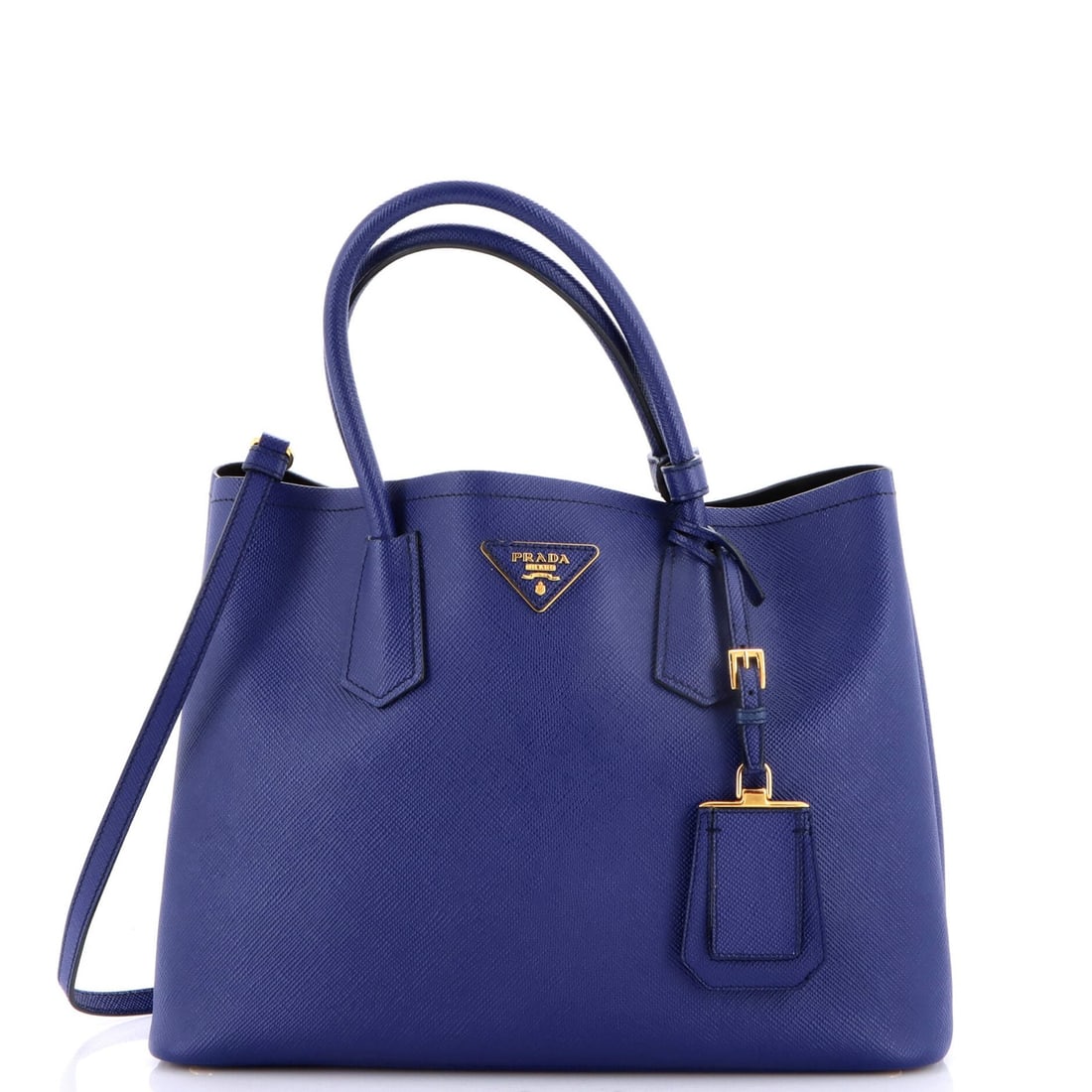 Saffiano Leather Cuir Tote Double Prada Medium: Saffiano Leather Cuir Tote Double Prada Medium Saffiano Leather Cuir Tote Double Prada Medium in Blue, featuring a classic double design with gold hardware and a spacious interior. Measuring 10"