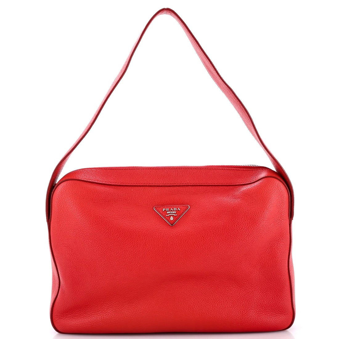 Vitello Daino Medium Top Prada Zip Shoulder Bag: Vitello Daino Medium Top Prada Zip Shoulder Bag Top Zip Shoulder Bag with striking red leather exterior, featuring Vitello Daino material and silver hardware. This medium-sized bag boasts a sleek desi