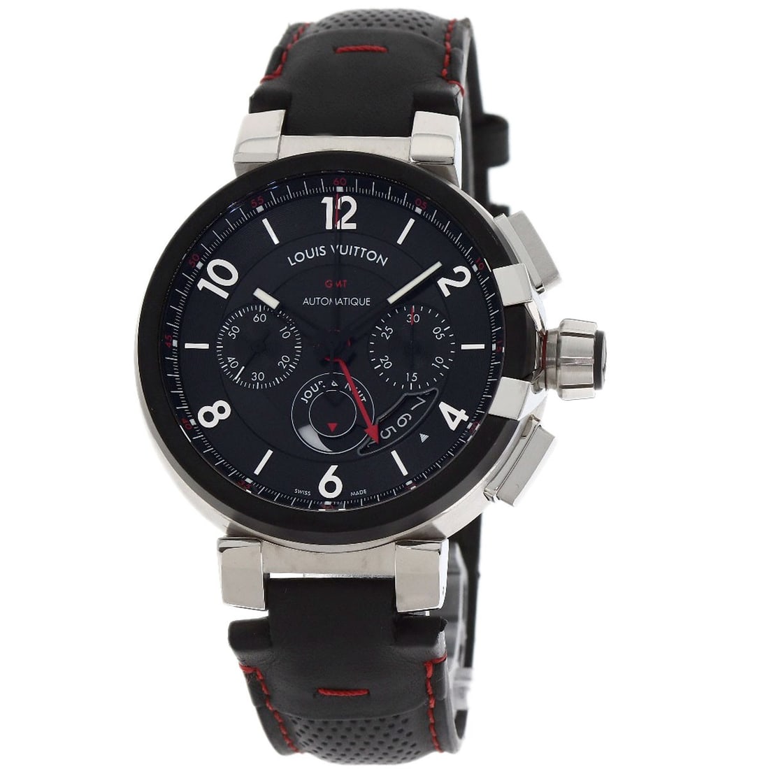 Louis Vuitton Watches Evolution Stainless Q1052 Gmt Chronograph Tambour: Louis Vuitton Watches Evolution Stainless Q1052 Gmt Chronograph Tambour Stainless steel case with a silver finish, this Louis Vuitton Evolution Stainless Q1052 GMT Chronograph Tambour watch boasts a