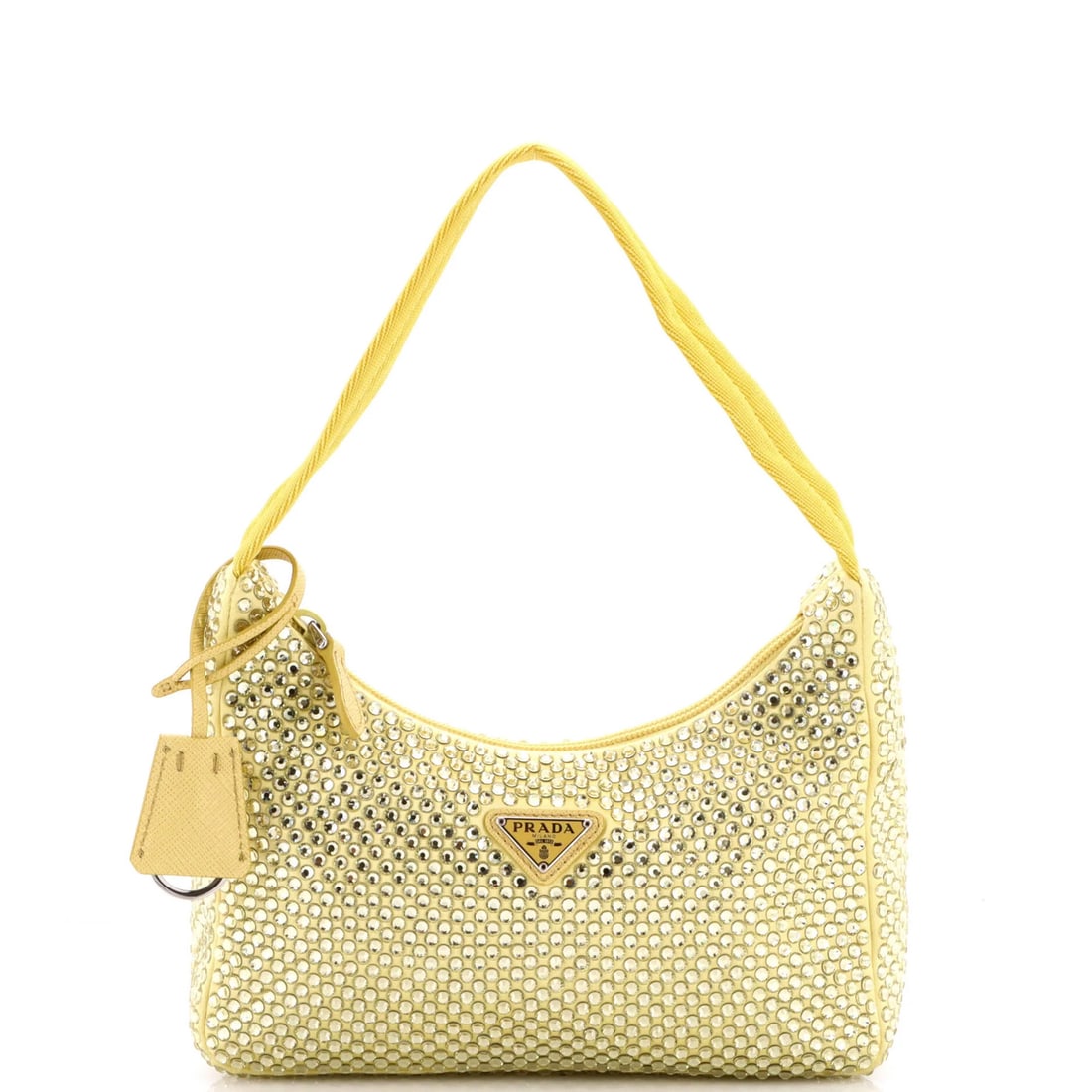 Crystal Satin Embellished Hobo Mini Re Edition Prada: Crystal Satin Embellished Hobo Mini Re Edition Prada Crystal Satin Embellished Hobo Mini Re Edition Prada features a striking yellow exterior with crystal and satin embellishments, showcasing a unique