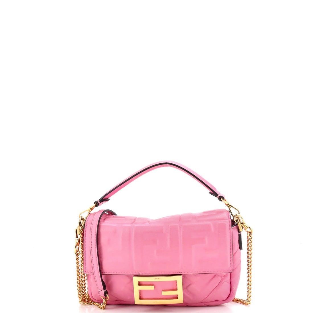 Baguette Zucca Fendi Leather Mini Embossed NM Bag: Baguette Zucca Fendi Leather Mini Embossed NM Bag Pink Fendi Leather Baguette Zucca Mini Cross Body Bag with Extra Strap, featuring scuffs, corner wear, and minor creases on the exterior, and a black 