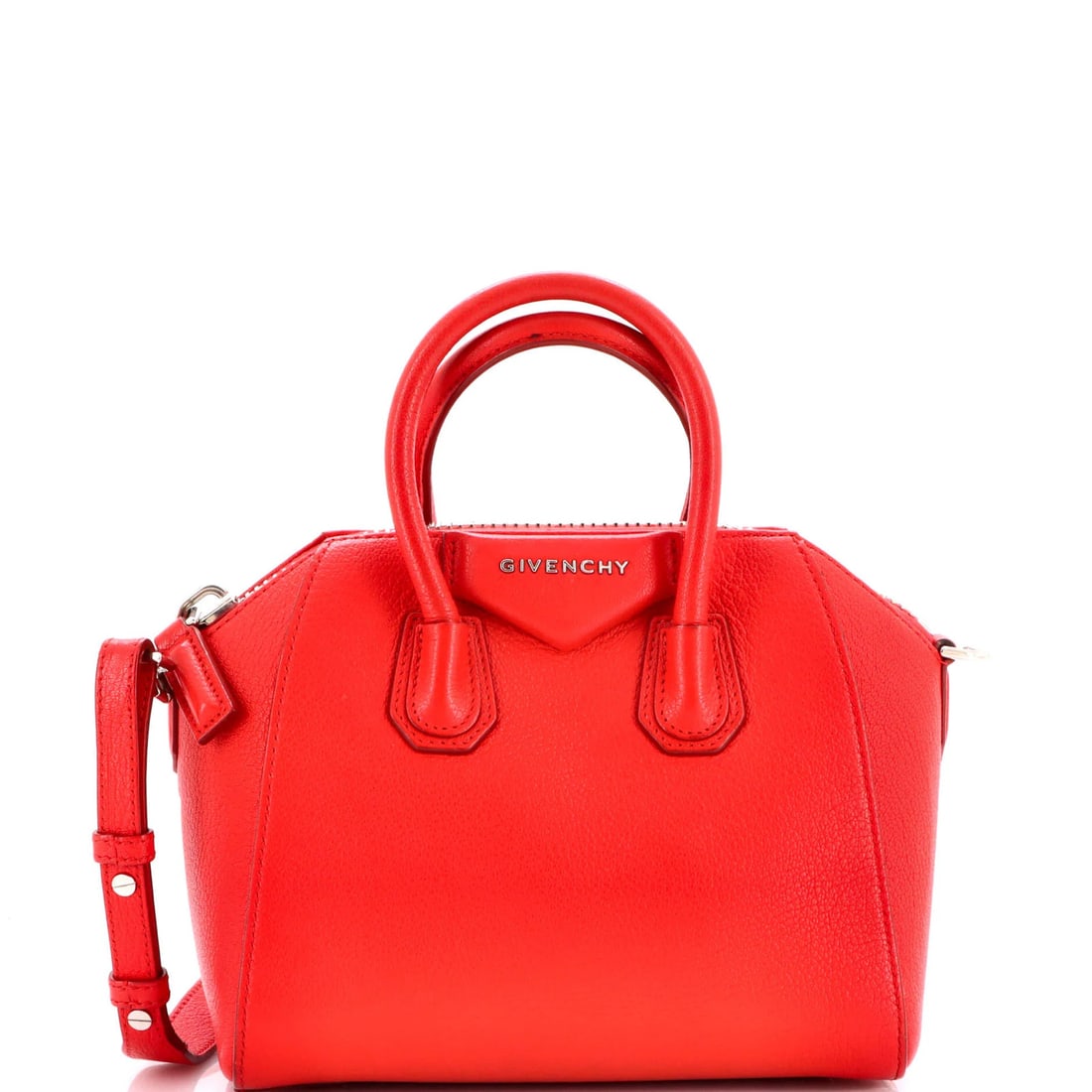 Leather Mini Bag Antigona Givenchy: Leather Mini Bag Antigona Givenchy The Givenchy Antigona Leather Mini Bag is a stylish and compact cross body bag with a bold red exterior. Measuring 7.5" tall and 8.5" wide, it features a neutral int