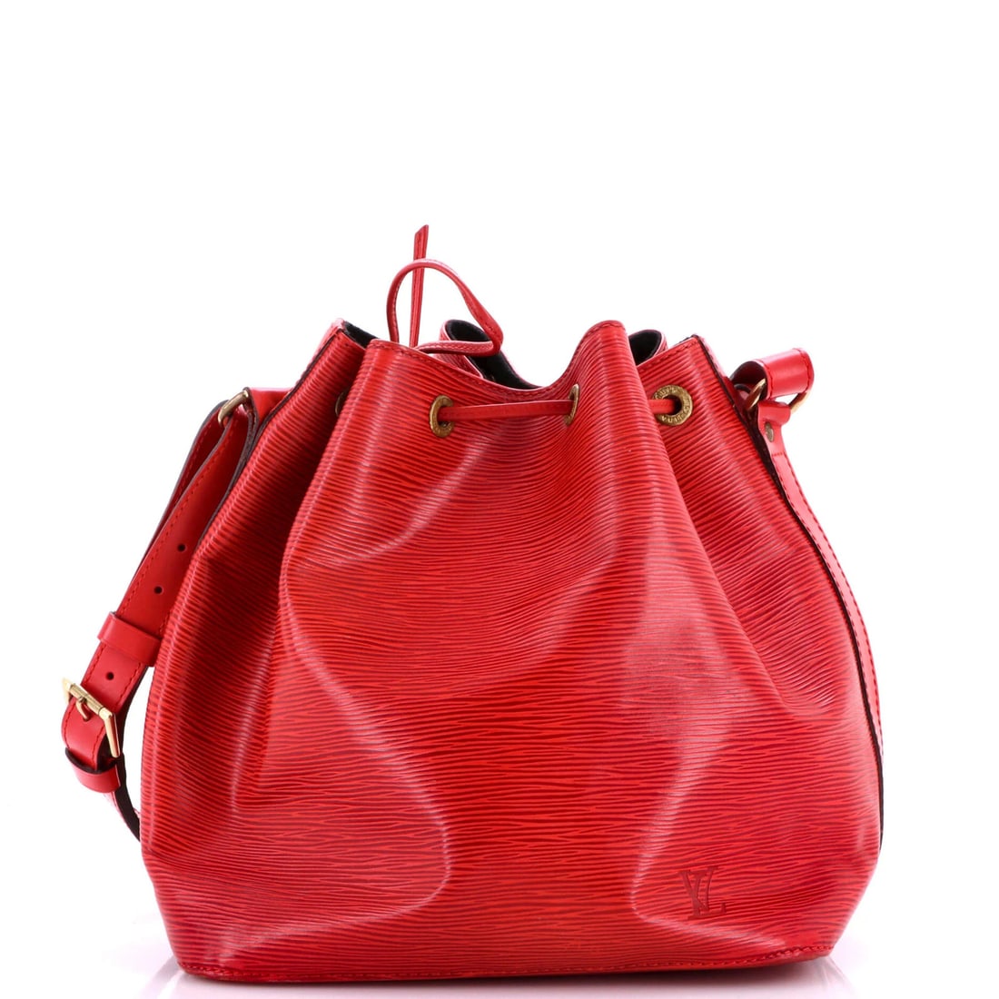 Louis Vuitton Petit Noe Handbag Epi Leather: Louis Vuitton Petit Noe Handbag Epi Leather The Louis Vuitton Petit Noe Handbag Epi Leather boasts a striking red exterior with heavy corner wear, edge wear, and scuffs, adding a touch of worn