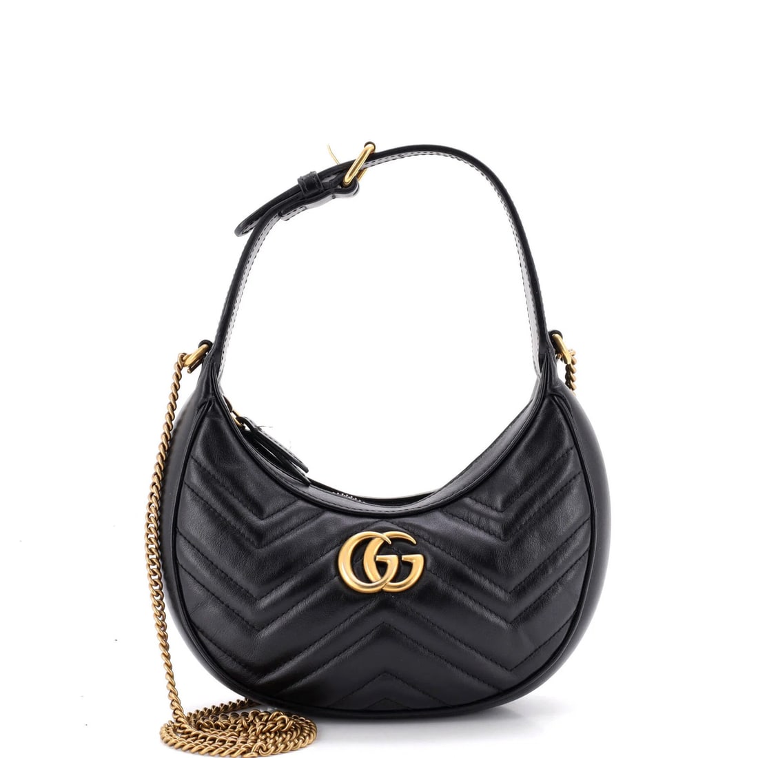 Marmont Half Moon Hobo Leather Matelasse Gucci Mini: Marmont Half Moon Hobo Leather Matelasse Gucci Mini Black Marmont Half Moon Hobo Matelasse Leather Mini Gucci Handbag with Aged Gold Hardware, featuring scuffs, minor creases, and heavy discoloration