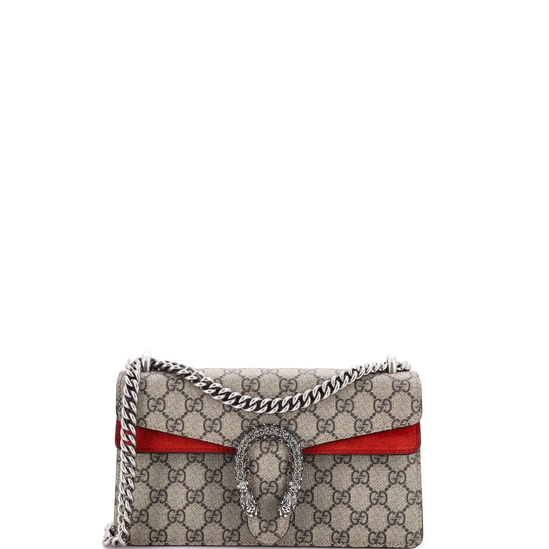 Coated Canvas Bag with Crystal Embellished Metal Small GG Gucci Dionysus: Coated Canvas Bag with Crystal Embellished Metal Small GG Gucci Dionysus Small GG Gucci Dionysus Bag with Coated Canvas, Crystal Embellished Metal, and Suede Interior in Red. This stylish shoulder