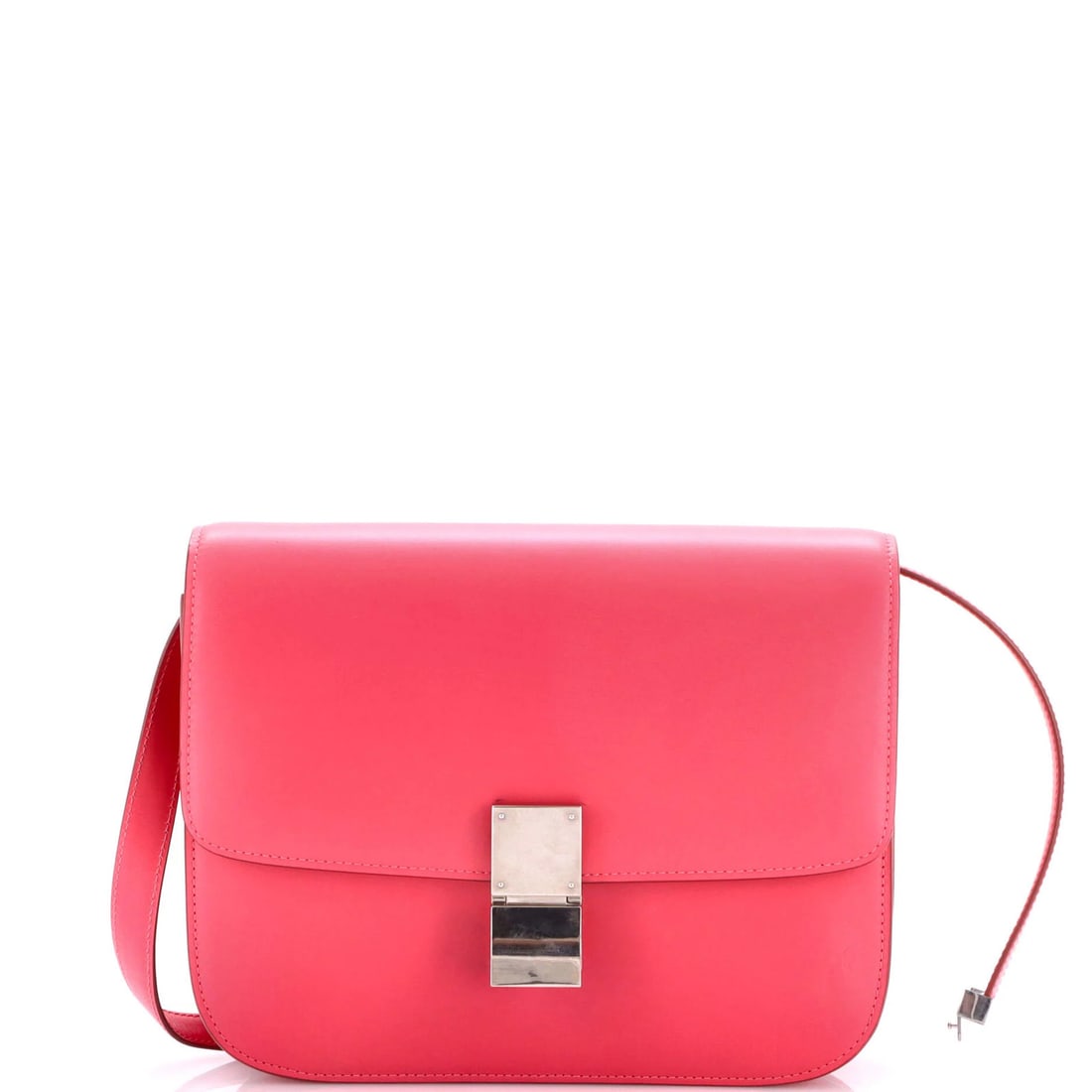 Smooth Leather Bag Box Classic Medium Celine: Smooth Leather Bag Box Classic Medium Celine Smooth leather bag box in pink, featuring a classic cross body design with a medium size and silver hardware. The bag has some minor flaws, including