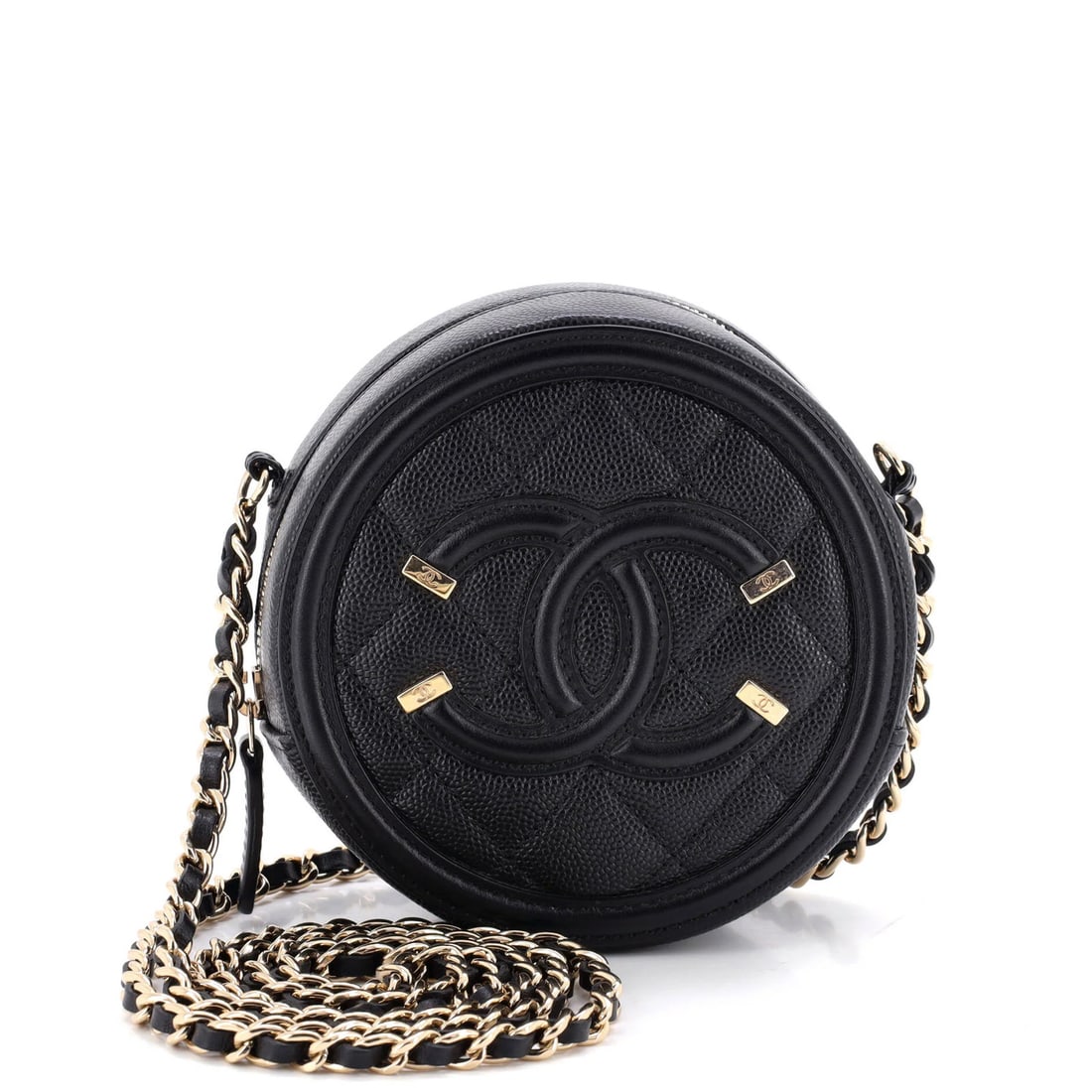 Mini Clutch Round Caviar Quilted Chain Filigree Chanel: Mini Clutch Round Caviar Quilted Chain Filigree Chanel Black leather mini cross body bag with a round filigree clutch and chain details, featuring a quilted caviar design. The bag measures 5" in heigh