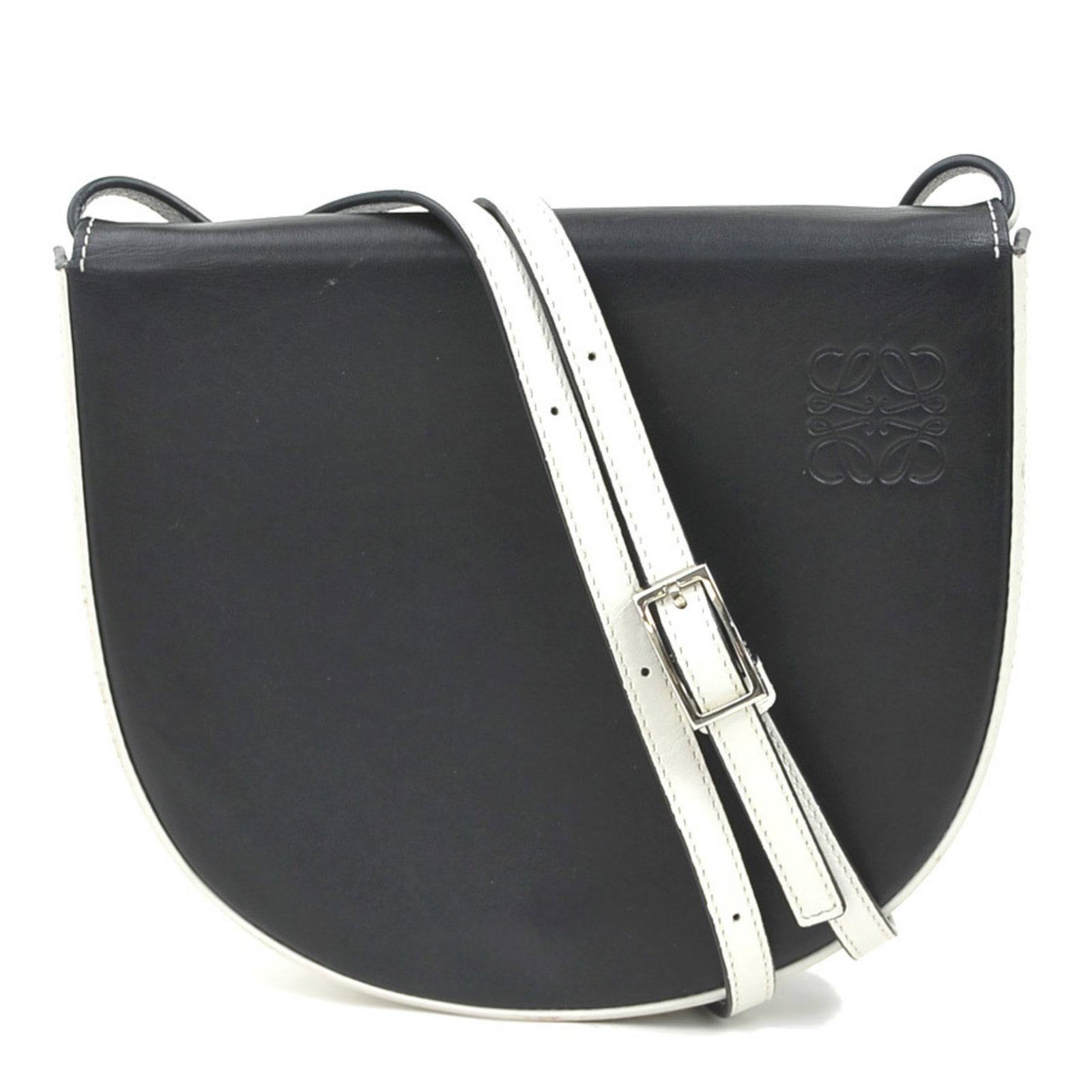 Shoulder Bag Leather: Shoulder Bag Leather Black or White Leather Shoulder Bag from Loewe, Spain, with dimensions 15cm x 17cm x 4cm. This sleek and compact bag features high-quality leather construction, making it a stylis