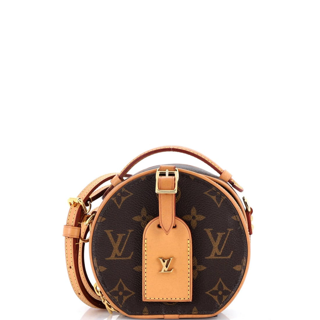 Boite Chapeau Bag Monogram Canvas Louis Vuitton: Boite Chapeau Bag Monogram Canvas Louis Vuitton Brown canvas coated Louis Vuitton mini Boite Chapeau bag with gold hardware, featuring a neutral leather interior and minor edge wear on the exterior. T