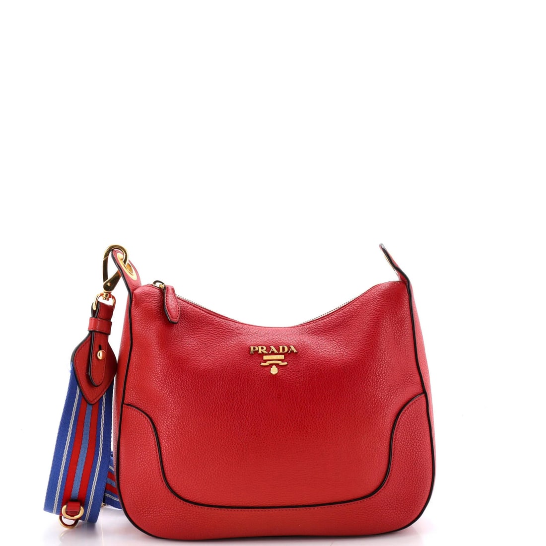 Prada Striped Strap Zip Hobo Vitello Daino Medium: Prada Striped Strap Zip Hobo Vitello Daino Medium The Prada Striped Strap Zip Hobo Vitello Daino Medium is a stylish medium-sized cross body bag with a distinctive red exterior and gold hardware. Feat