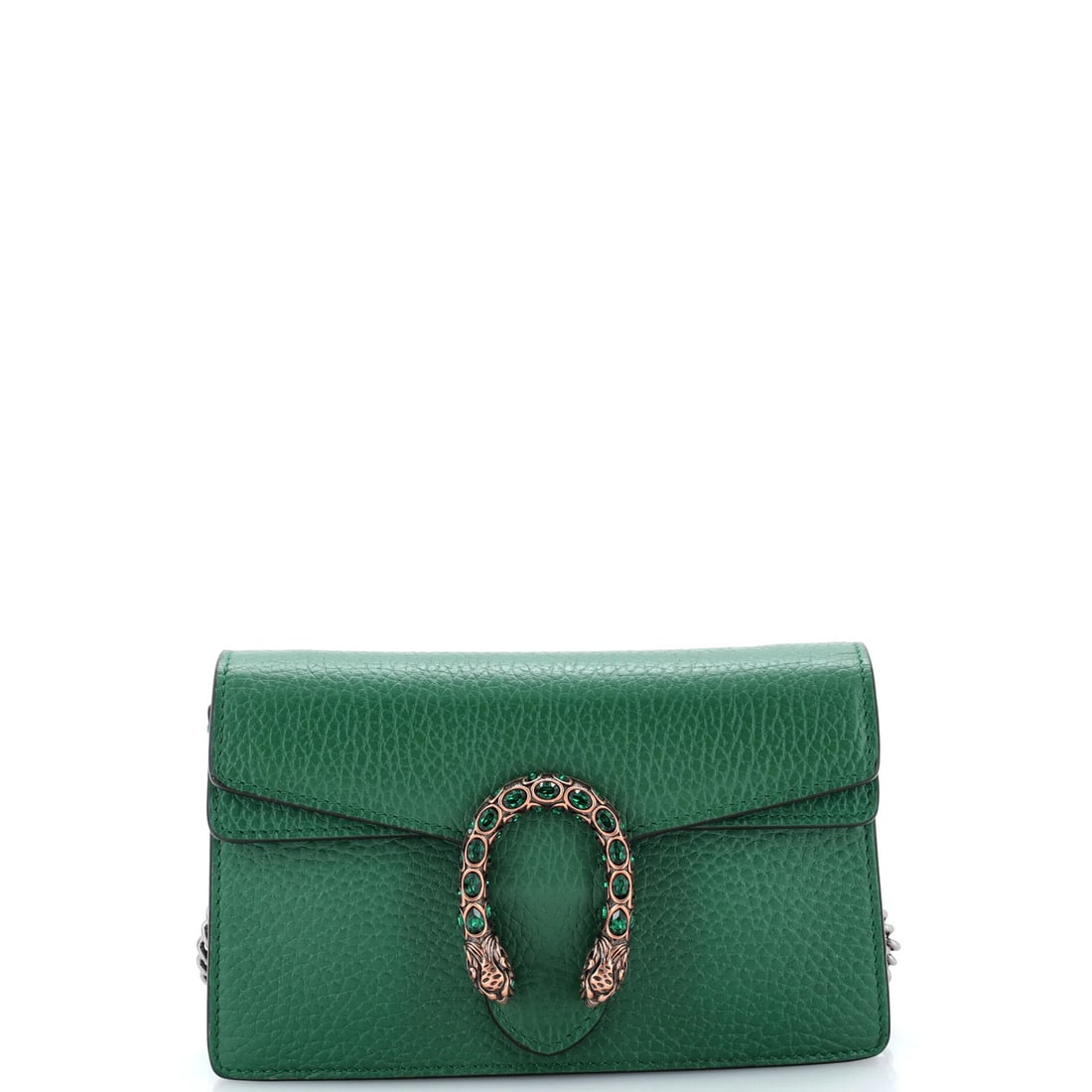 Super Mini Leather Bag Dionysus Gucci: Super Mini Leather Bag Dionysus Gucci Super Mini Dionysus Gucci Bag in Green Leather. This stylish, crystal-embellished clutch features a gold and silver hardware and measures 4" in height, 6.5" in wi