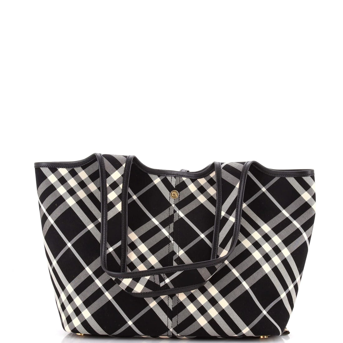 Canvas Tote East-West Vintage Burberry Small: Canvas Tote East-West Vintage Burberry Small Black canvas tote bag with a vintage East-West check design, measuring 11.5" wide and 9" tall, featuring gold hardware and a classic small size. The