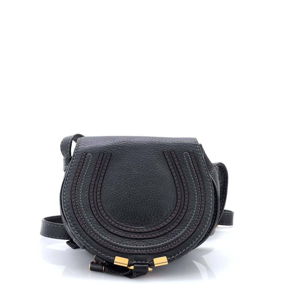 Chloe Marcie Crossbody Bag Leather Mini: Chloe Marcie Crossbody Bag Leather Mini Black leather mini crossbody bag with gold hardware, featuring a classic Chloe Marcie design. The bag boasts a sleek, versatile size with a 21-23" handle drop