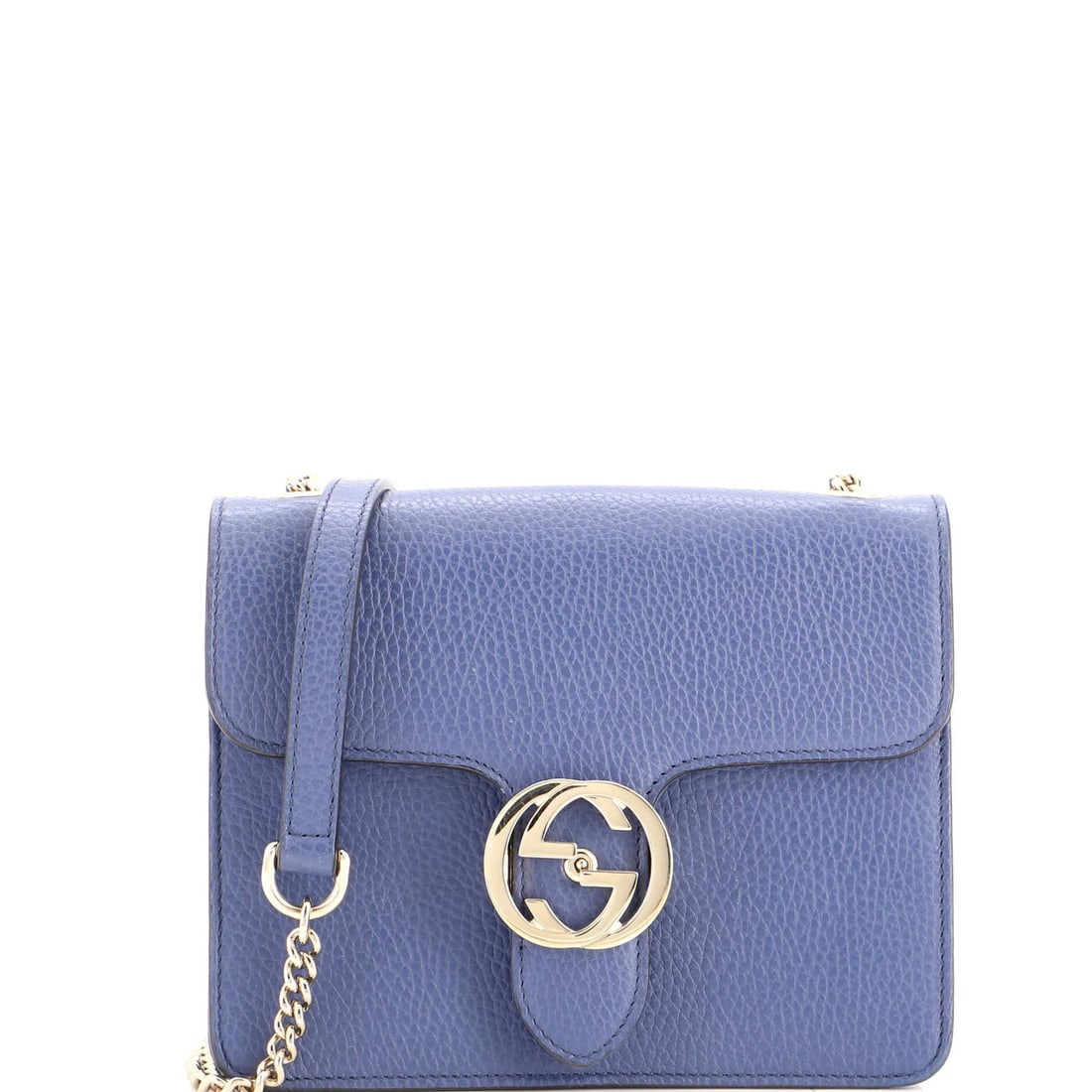 Shoulder Bag Leather Small Interlocking Gucci: Shoulder Bag Leather Small Interlocking Gucci Small Interlocking Gucci Leather Shoulder Bag in Blue, featuring a classic design with minor scuffs on the exterior and handles, and a neutral interior