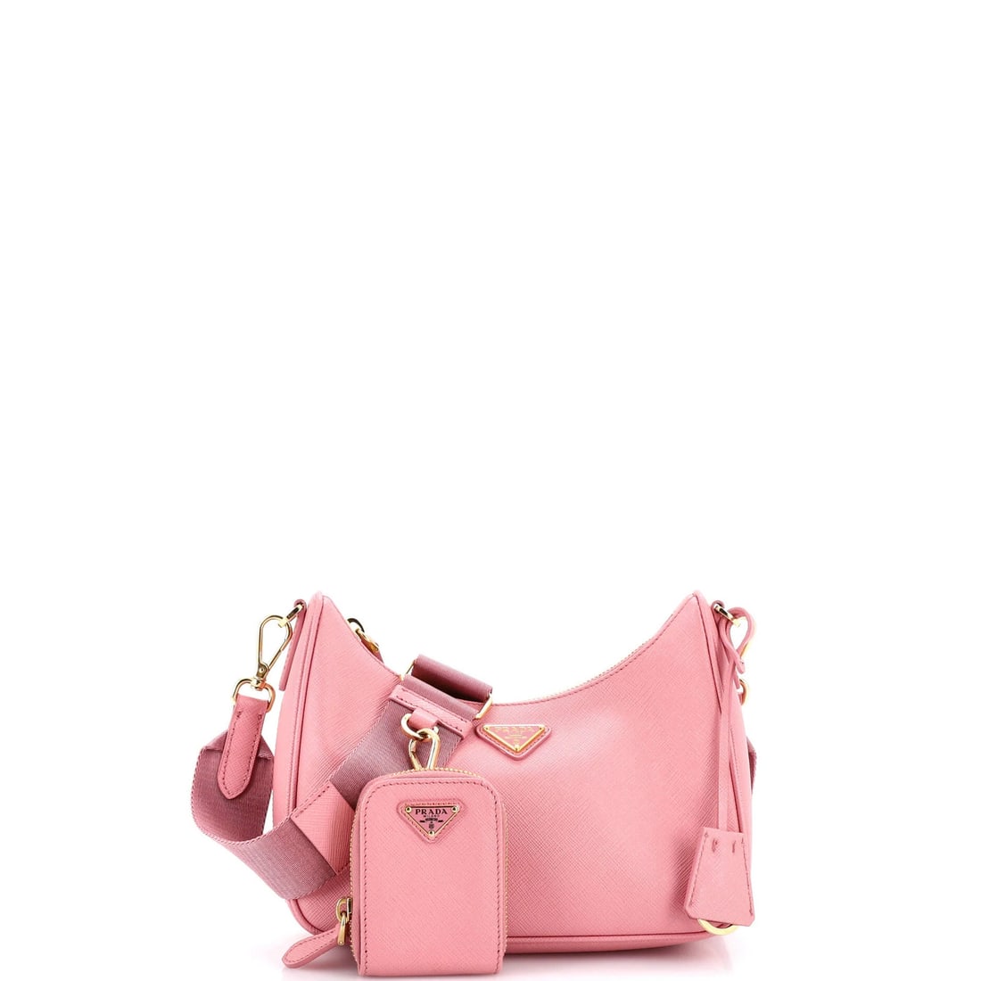 Saffiano Leather Small Prada Re-Edition 2005 Shoulder Bag: Saffiano Leather Small Prada Re-Edition 2005 Shoulder Bag Saffiano Leather Small Prada Re-Edition 2005 Shoulder Bag features pink exterior with minor edge wear, minor scuffs, and minor discoloration. 