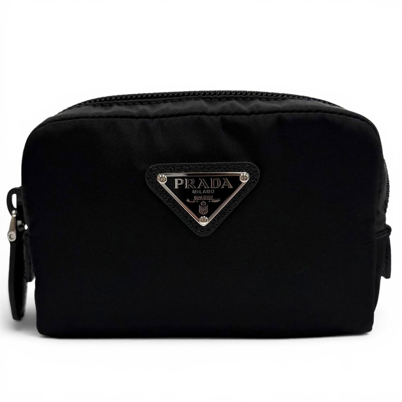 Nylon Prada Pouch: Nylon Prada Pouch Nylon Prada Pouch from Italy, featuring a sleek black design with a compact size of 8cm x 12.5cm x 4cm. Made from durable nylon material, this pouch boasts a classic style that compl