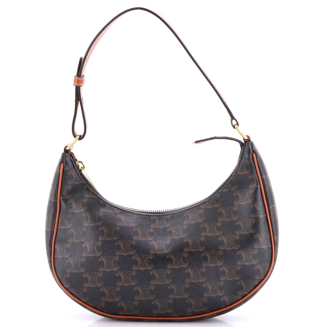 Celine Ava Bag Triomphe Coated Canvas: Celine Ava Bag Triomphe Coated Canvas The Celine Ava Bag Triomphe Coated Canvas boasts a rich, brown exterior crafted from canvas coated materials, with a sturdy gold-tone hardware accent. Measuring