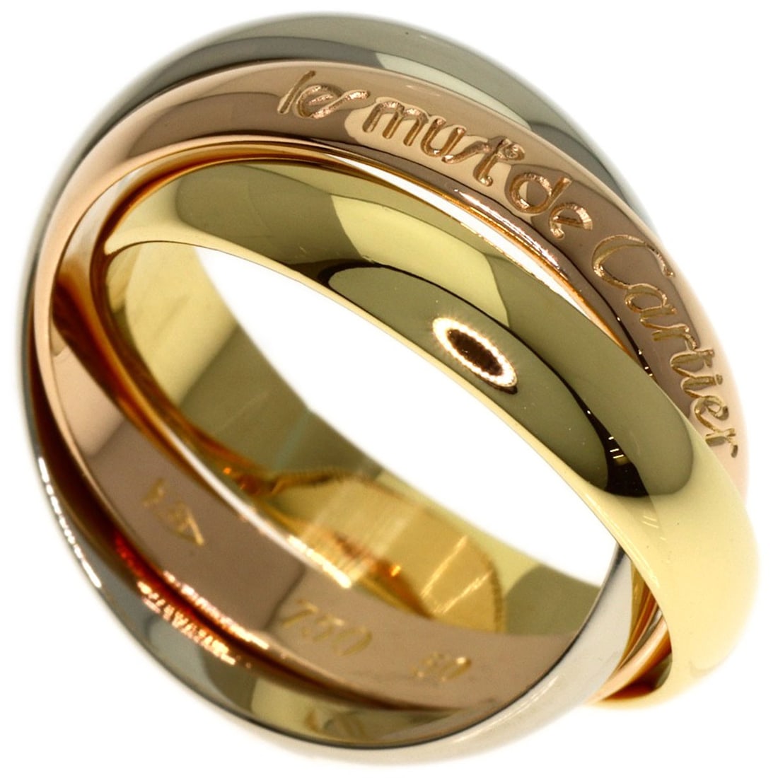 Mm Cartier #50 Gold Trinity Yellow K18 White K18 Ring: Mm Cartier #50 Gold Trinity Yellow K18 White K18 Ring K18 Yellow Gold Trinity Ring with Signature. This Cartier #50 ring showcases a unique trinity design in 18k yellow gold, with a signature bearing 