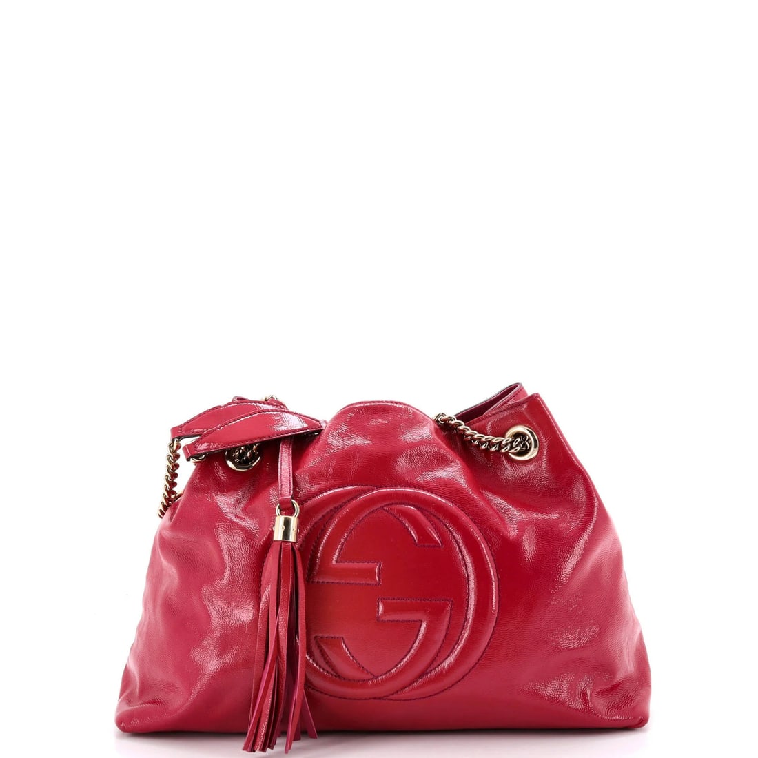 Gucci Soho Chain Strap Shoulder Bag Patent Medium: Gucci Soho Chain Strap Shoulder Bag Patent Medium Pink patent leather exterior, a striking feature of this Gucci Soho Chain Strap Shoulder Bag, adds a touch of elegance to any outfit. With its medium