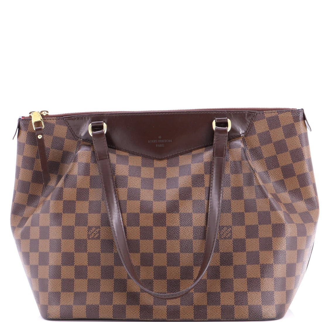 Damier Handbag Louis Vuitton Westminster: Damier Handbag Louis Vuitton Westminster Brown Damier GM Louis Vuitton Westminster handbag with canvas coated exterior and red interior, featuring gold hardware and cracking handles. The bag has